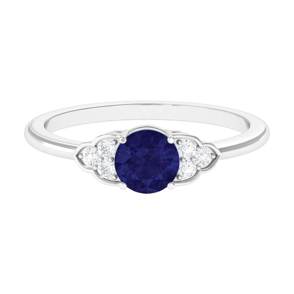 Round 0.9 Carat Blue Sapphire Engagement Ring with Diamond Trio