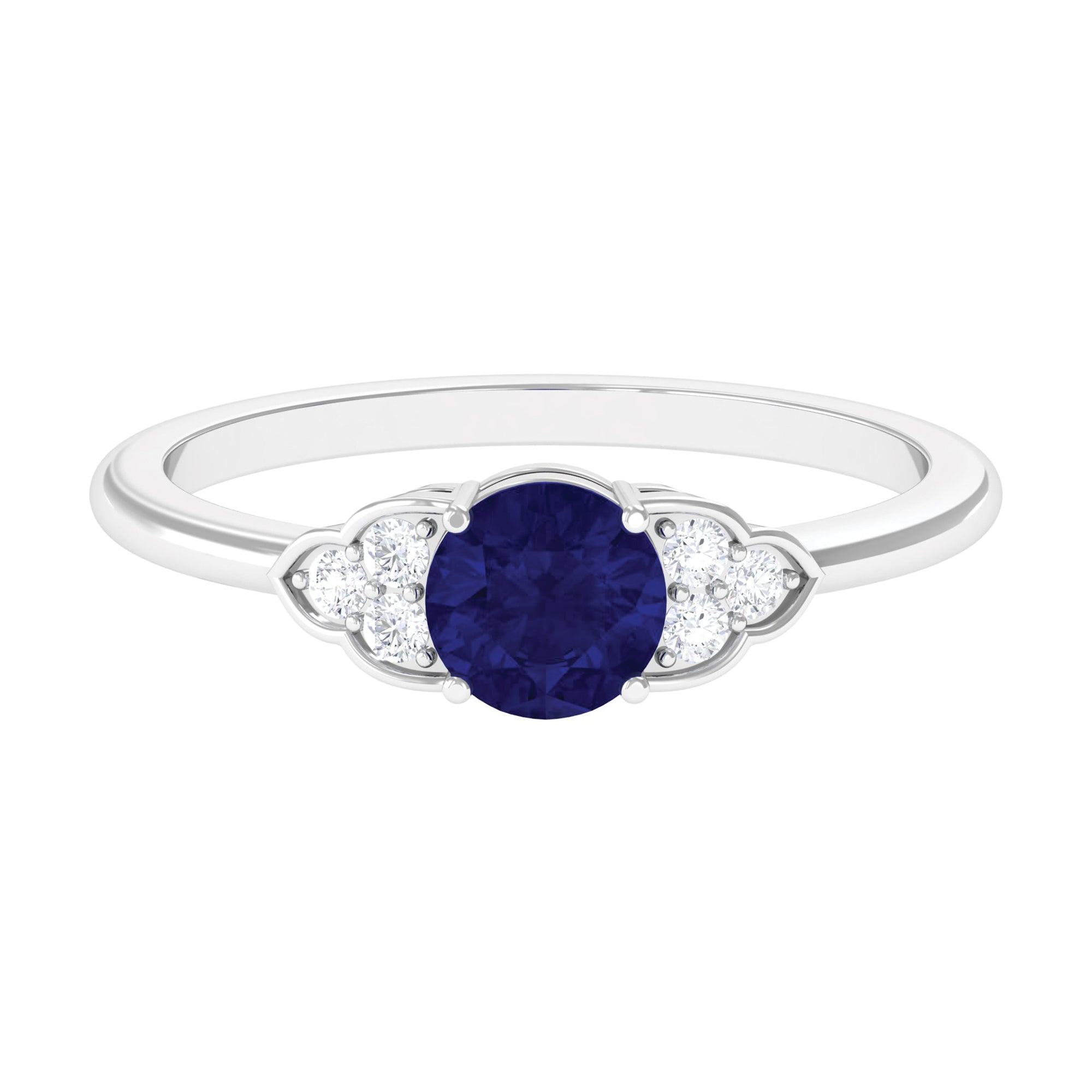 Round 0.9 Carat Blue Sapphire Engagement Ring with Diamond Trio