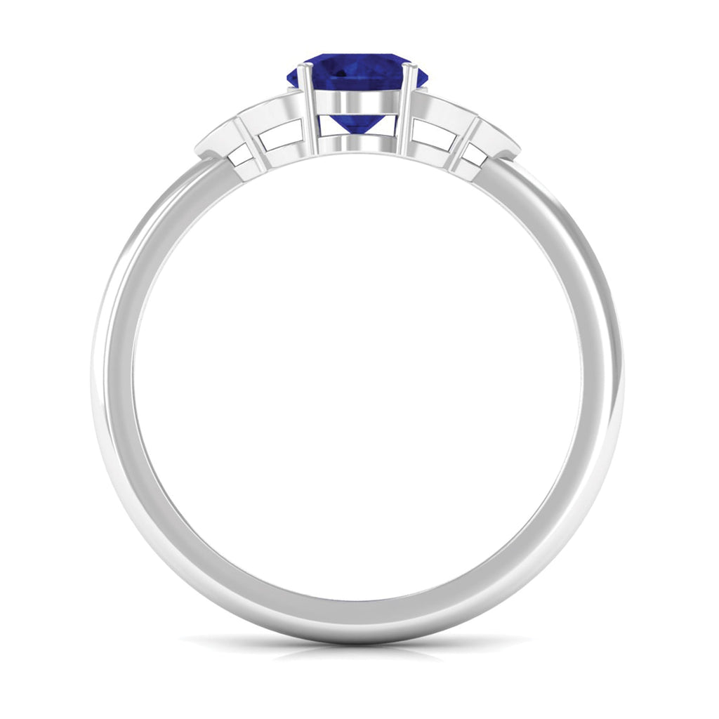 Round 0.9 Carat Blue Sapphire Engagement Ring with Diamond Trio