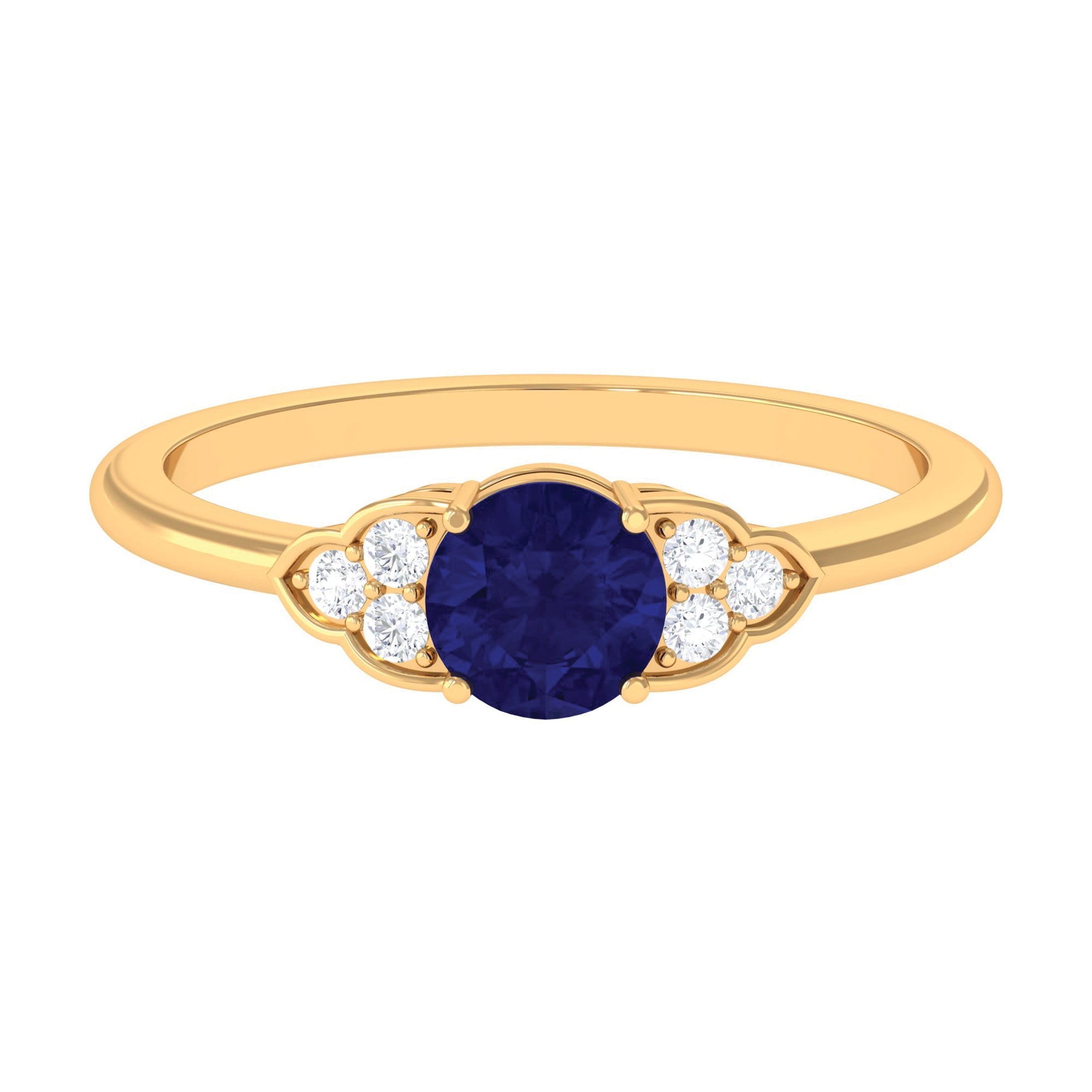 Round 0.9 Carat Blue Sapphire Engagement Ring with Diamond Trio