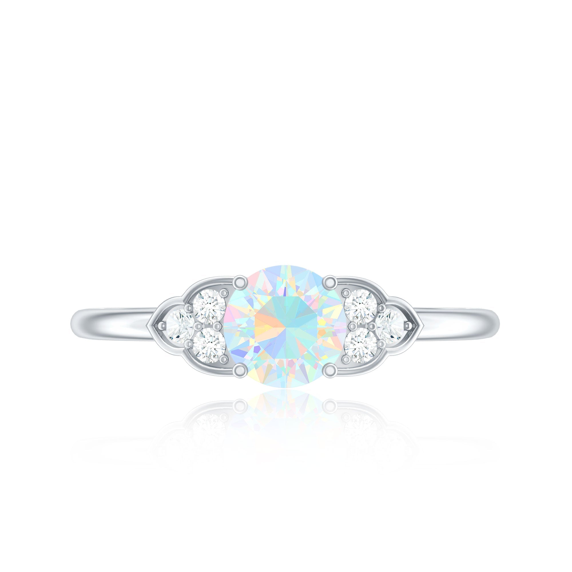 Natural Ethiopian Rainbow Opal Engagement Ring with Diamond Trio