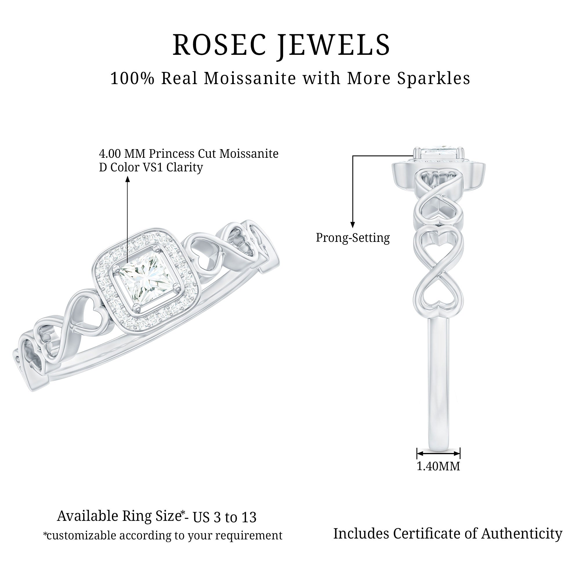 Certified Princess Cut Moissanite Infinity Engagement Ring