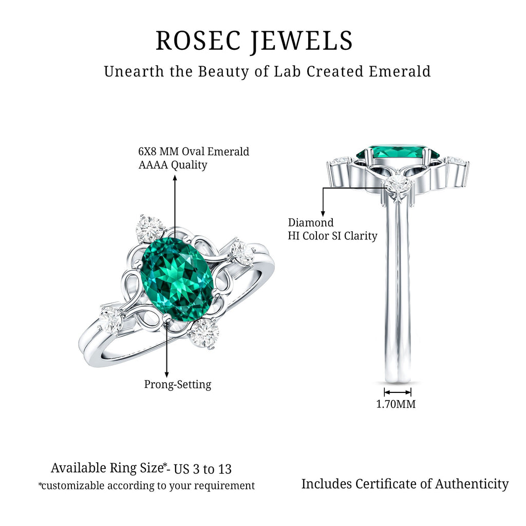 Vintage Inspired 1.2 Carat Lab Grown Emerald Oval Engagement Ring with Diamond