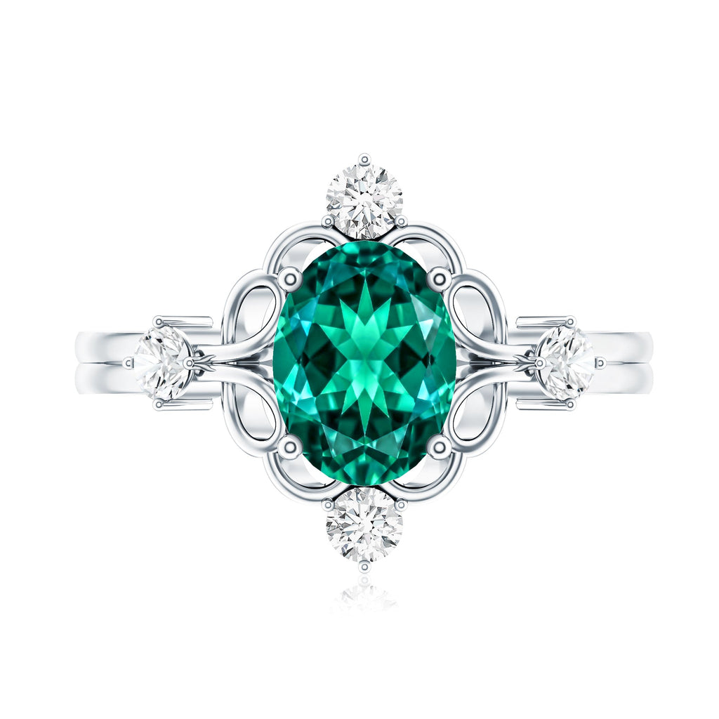 Vintage Inspired 1.2 Carat Lab Grown Emerald Oval Engagement Ring with Diamond