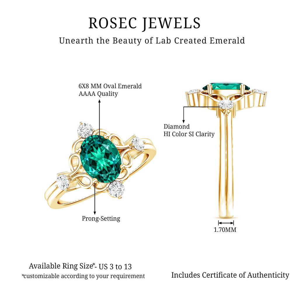 Vintage Inspired 1.2 Carat Lab Grown Emerald Oval Engagement Ring with Diamond