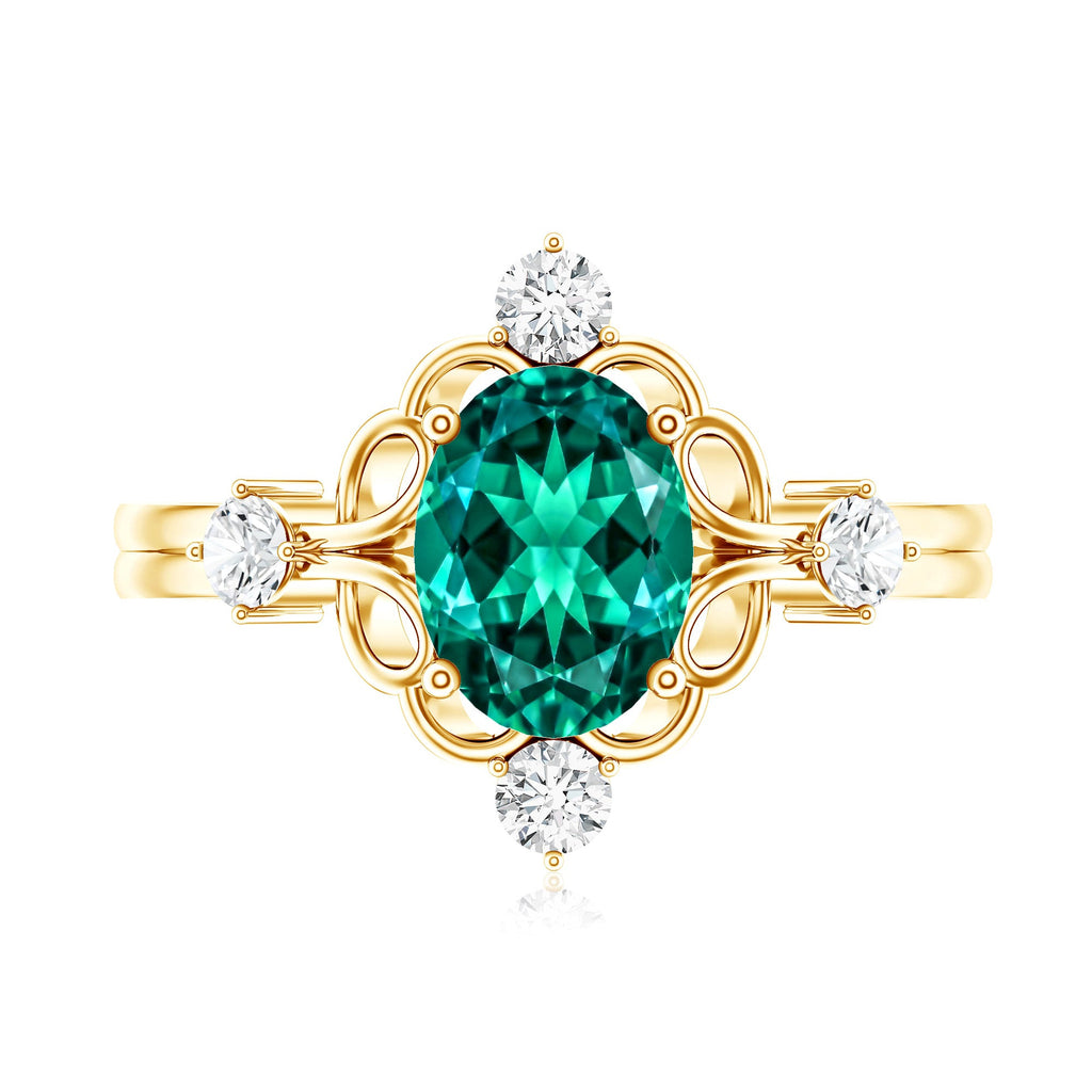 Vintage Inspired 1.2 Carat Lab Grown Emerald Oval Engagement Ring with Diamond