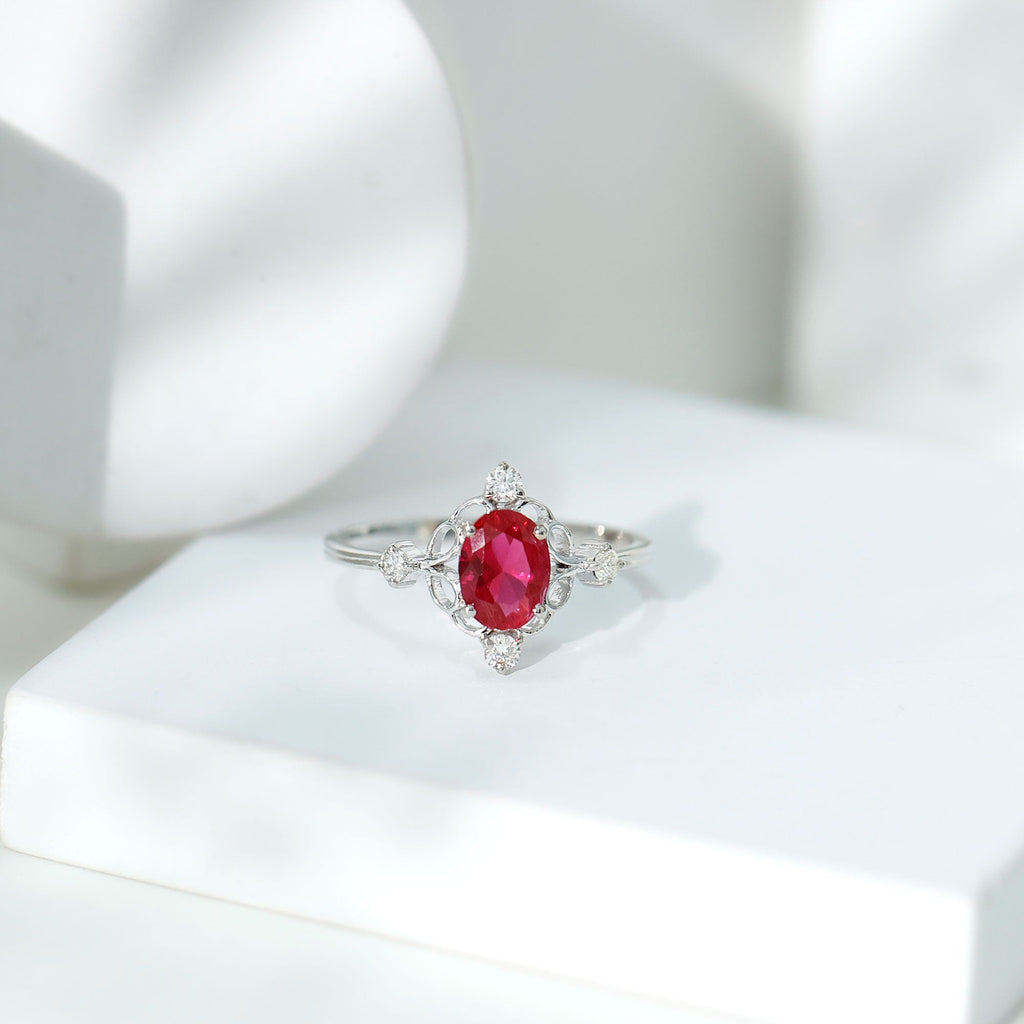 Oval Cut Created Ruby Solitaire Cocktail Ring with Diamond