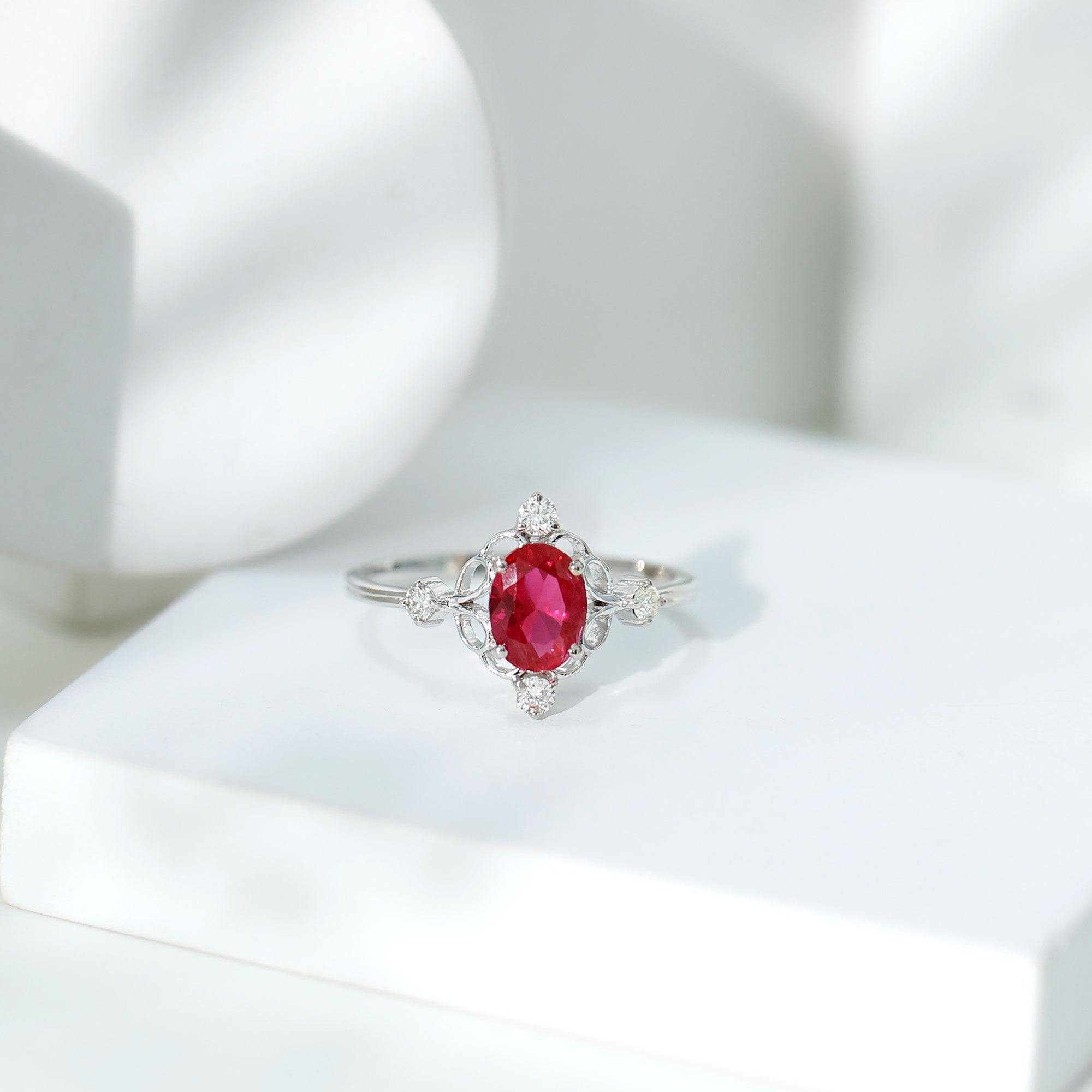 Oval Cut Created Ruby Solitaire Cocktail Ring with Diamond