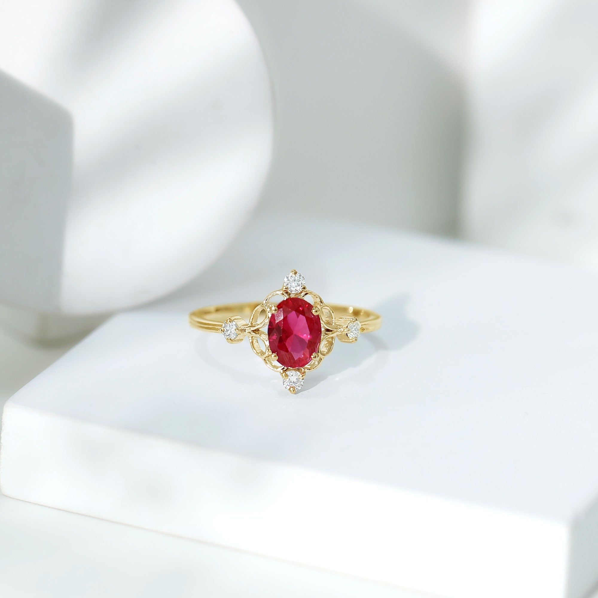 Oval Cut Created Ruby Solitaire Cocktail Ring with Diamond