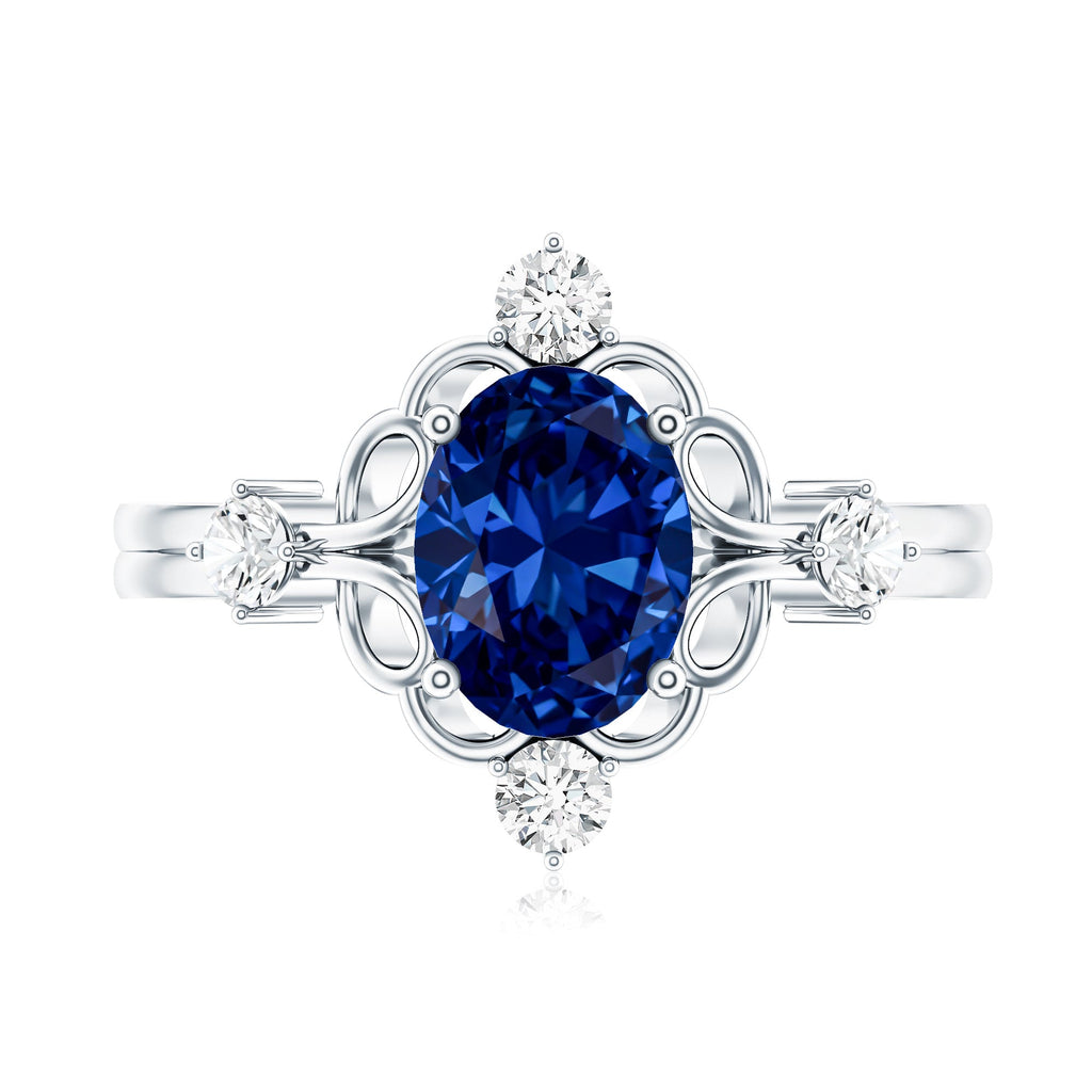 1.5 Carat Oval Cut Lab Grown Blue Sapphire Vintage Engagement Ring with Diamond