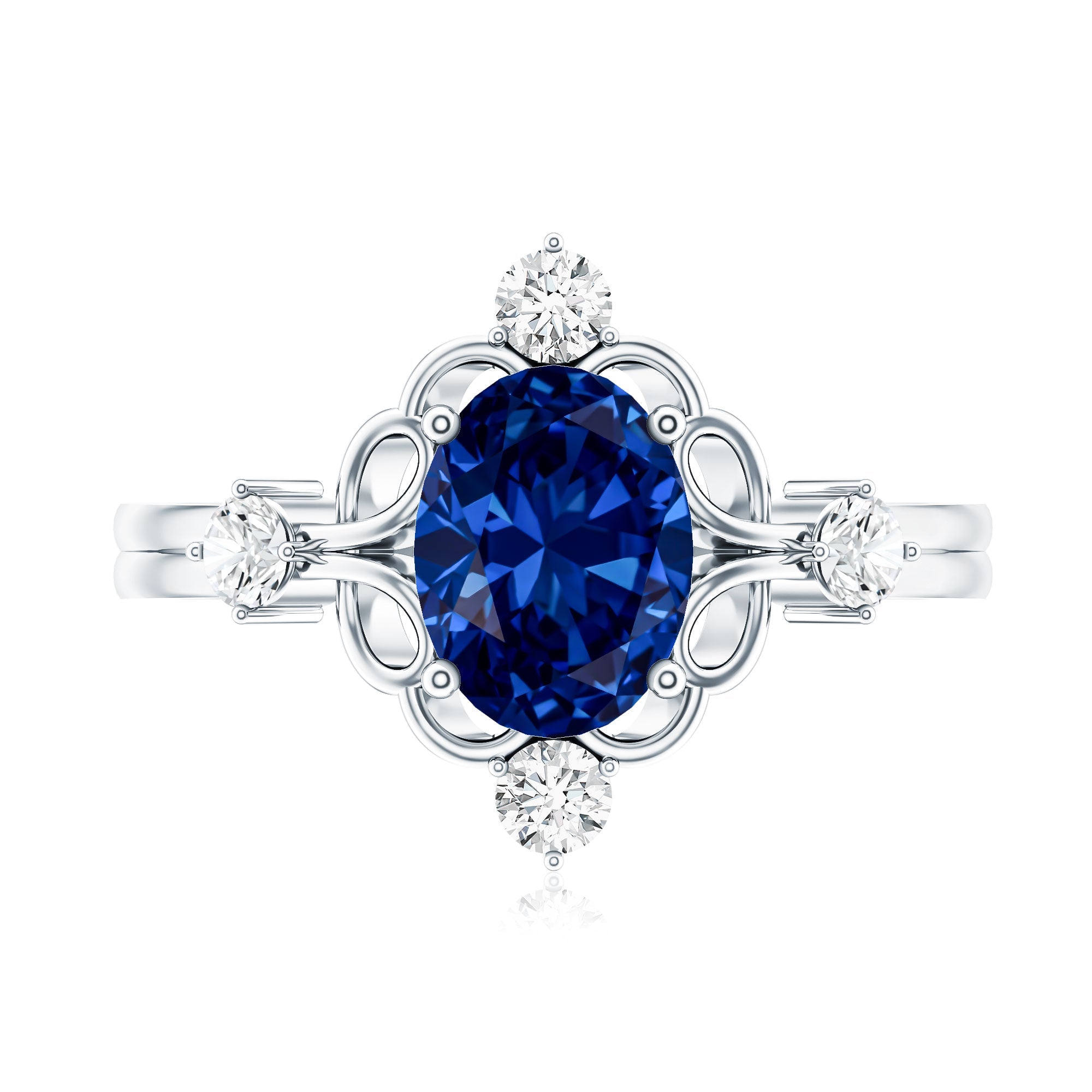 1.5 Carat Oval Cut Lab Grown Blue Sapphire Vintage Engagement Ring with Diamond