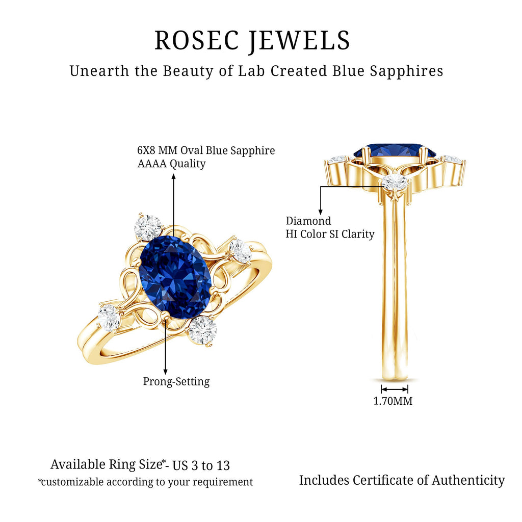 1.5 Carat Oval Cut Lab Grown Blue Sapphire Vintage Engagement Ring with Diamond