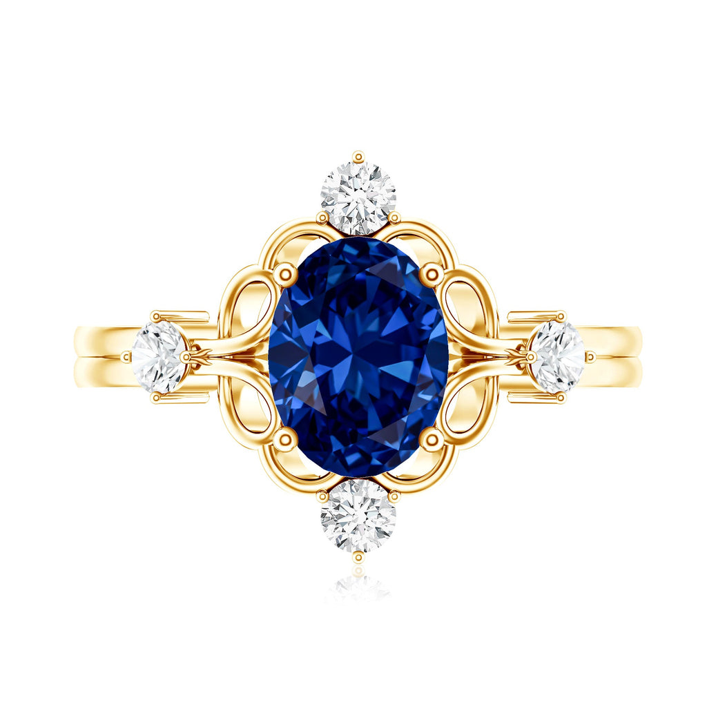 1.5 Carat Oval Cut Lab Grown Blue Sapphire Vintage Engagement Ring with Diamond