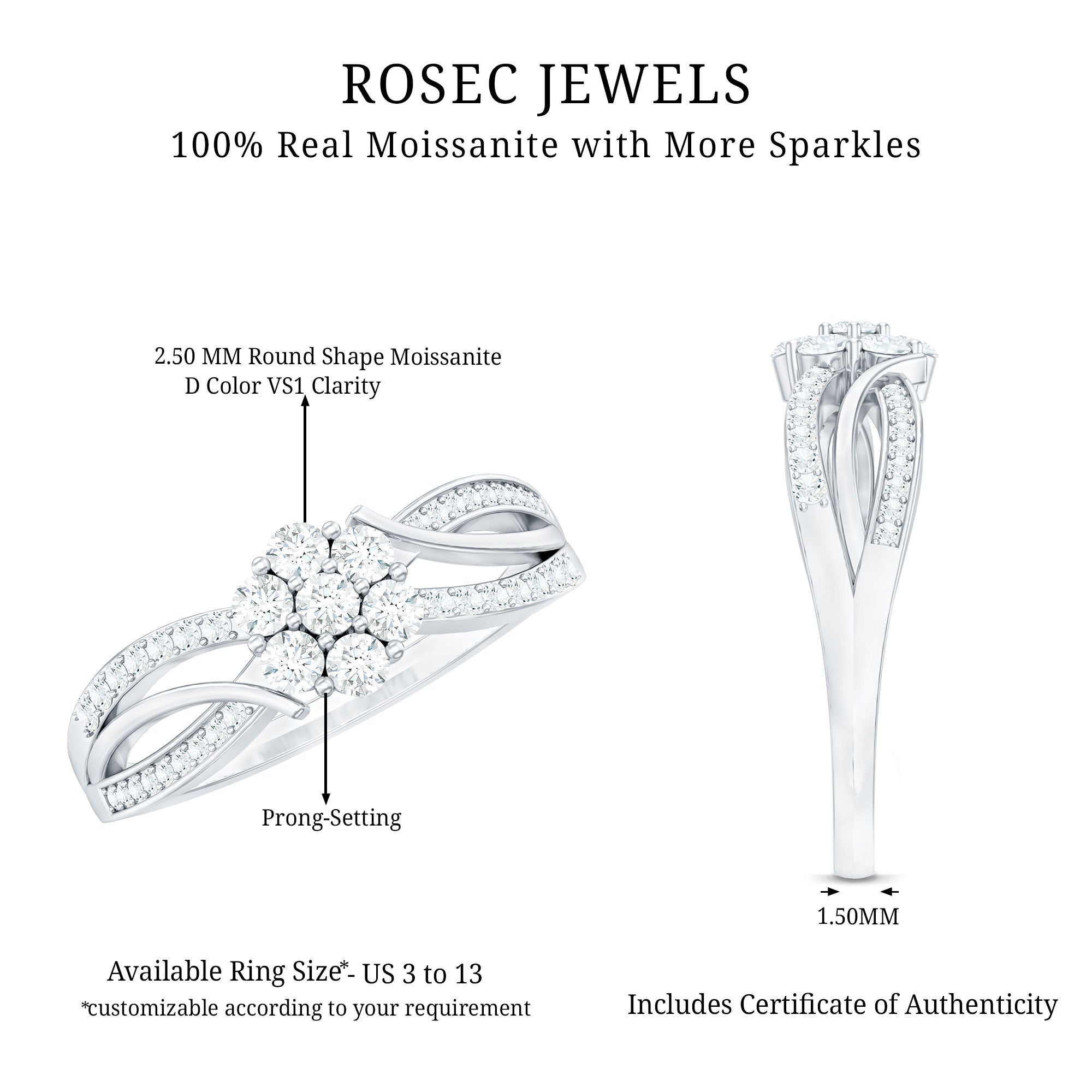 Certified Moissanite Flower Engagement Ring in Infinity Shank