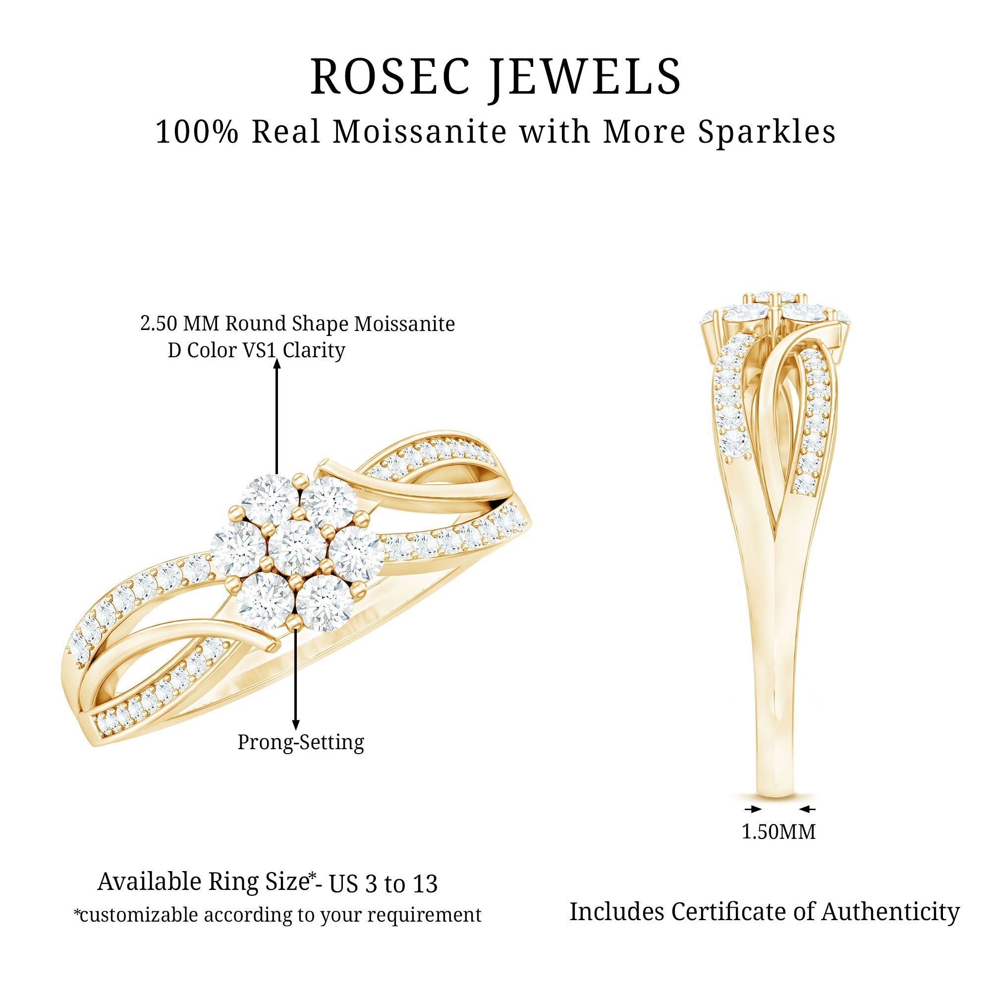 Certified Moissanite Flower Engagement Ring in Infinity Shank