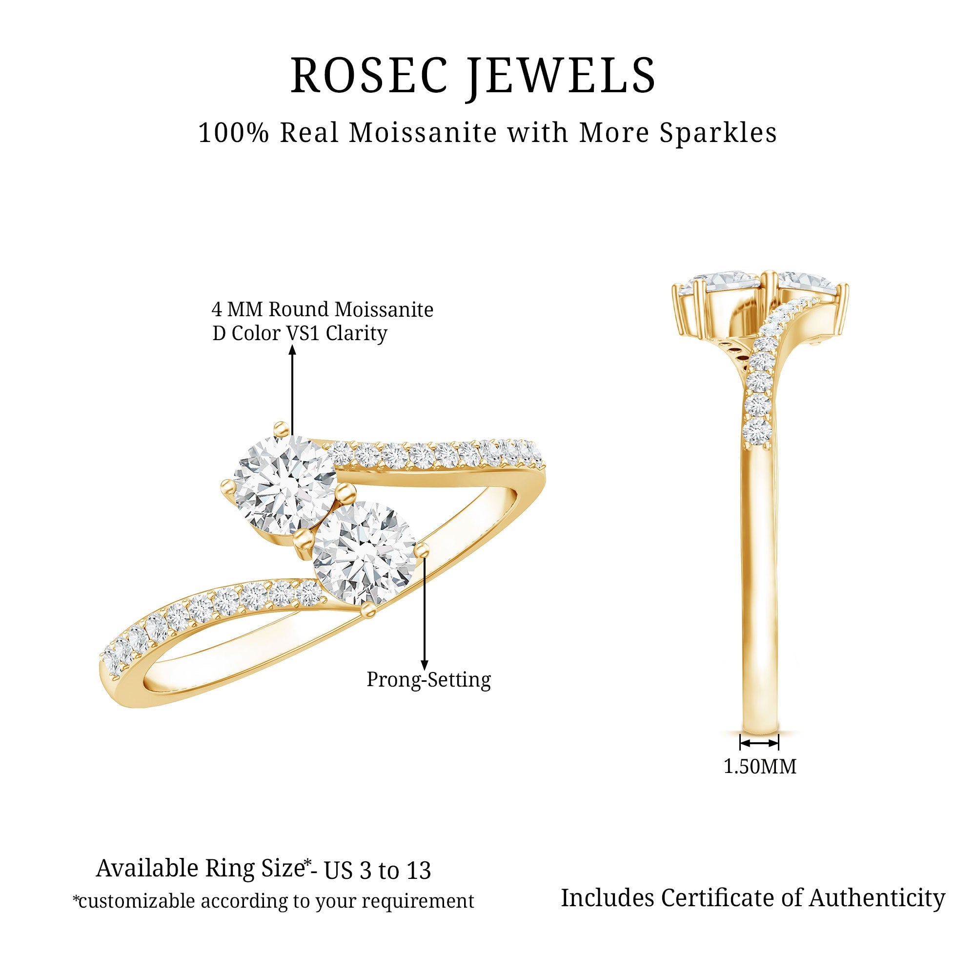 Certified Moissanite 2 Stone Promise Ring in Bypass Shank