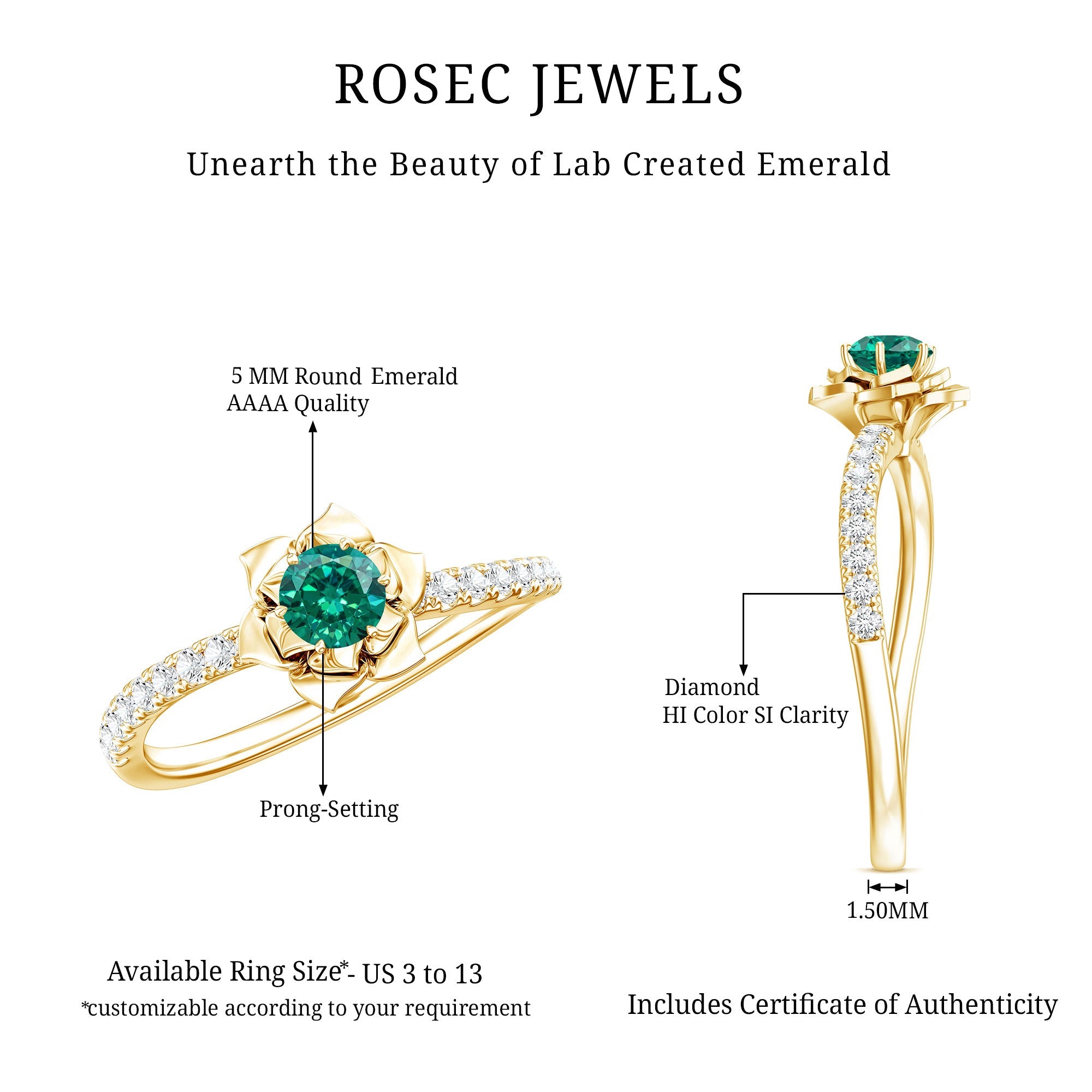 Certified Lab Grown Emerald Diamond Flower Engagement Ring