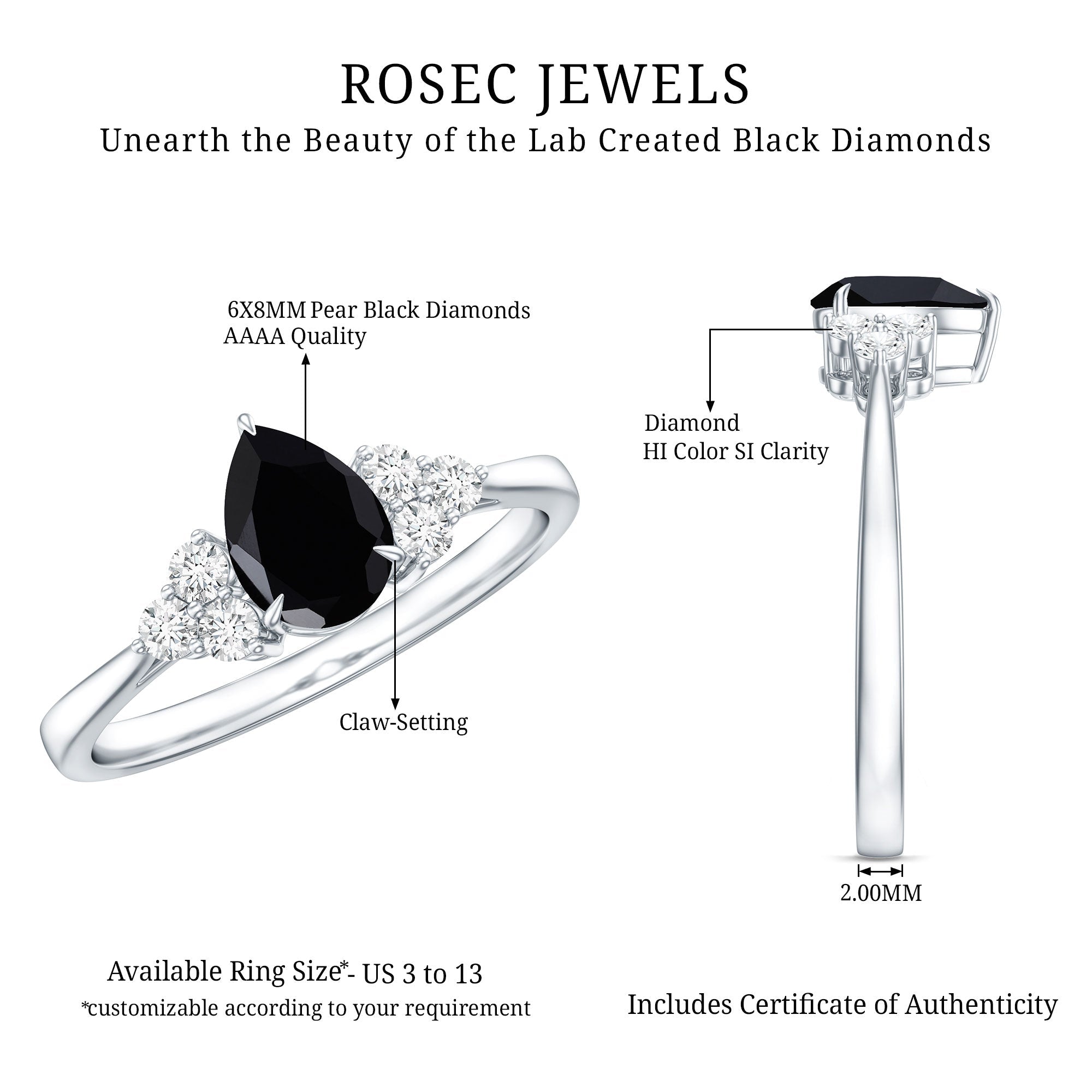 0.85 Carat Pear Shaped Created Black Diamond Solitaire Ring with Diamond