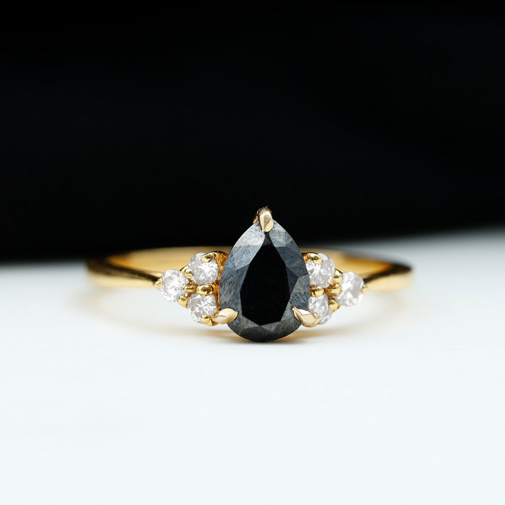 0.85 Carat Pear Shaped Created Black Diamond Solitaire Ring with Diamond
