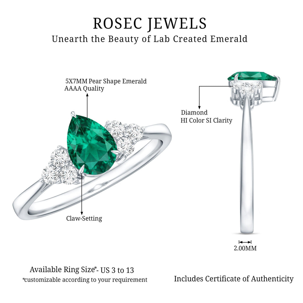 Certified Lab Grown Emerald Pear Shaped Engagement Ring with Diamond Trio