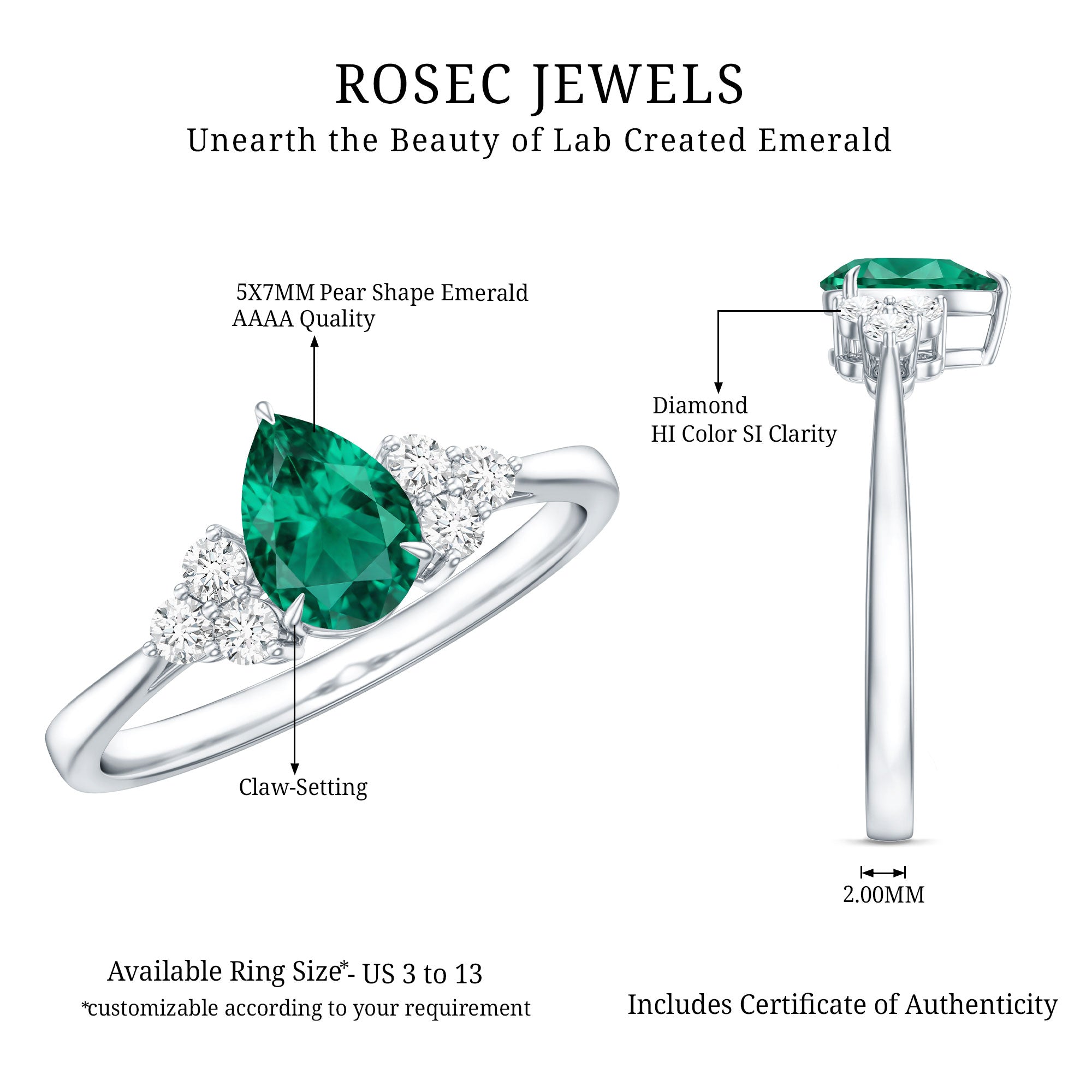 Certified Lab Grown Emerald Pear Shaped Engagement Ring with Diamond Trio