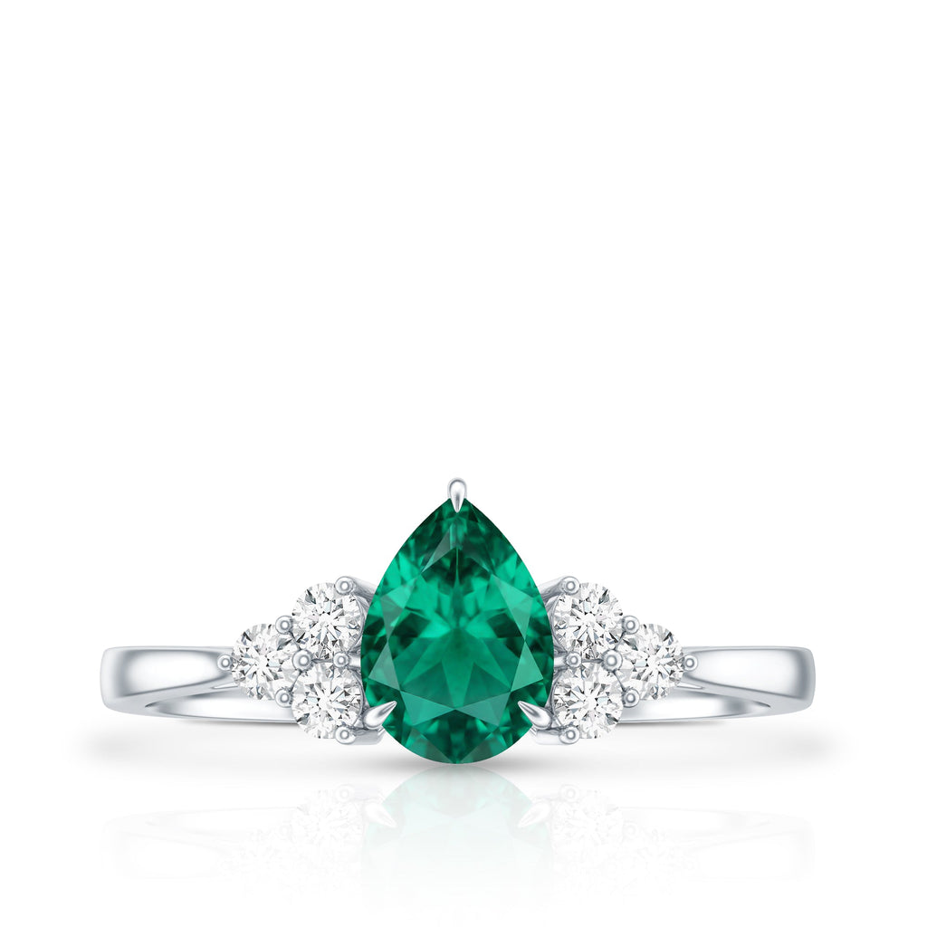 Certified Lab Grown Emerald Pear Shaped Engagement Ring with Diamond Trio