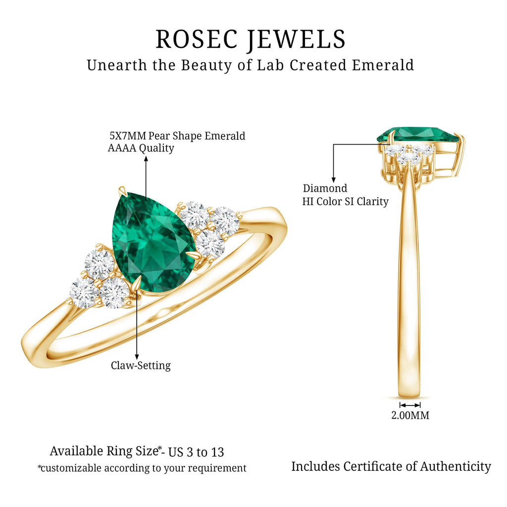 Certified Lab Grown Emerald Pear Shaped Engagement Ring with Diamond Trio
