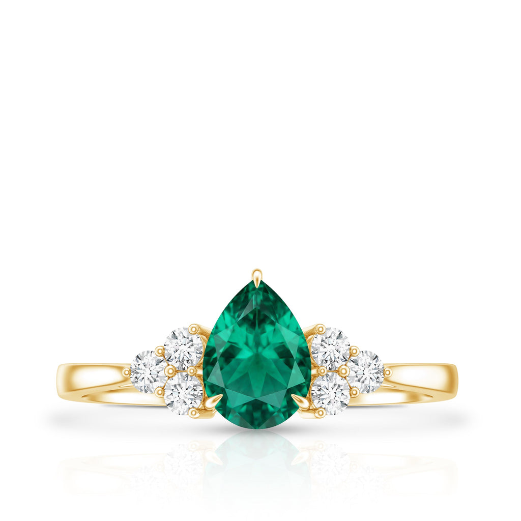 Certified Lab Grown Emerald Pear Shaped Engagement Ring with Diamond Trio