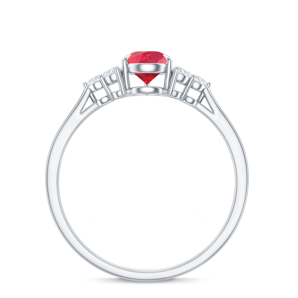 Pear Shaped Lab Ruby Engagement Ring with Diamond Trio