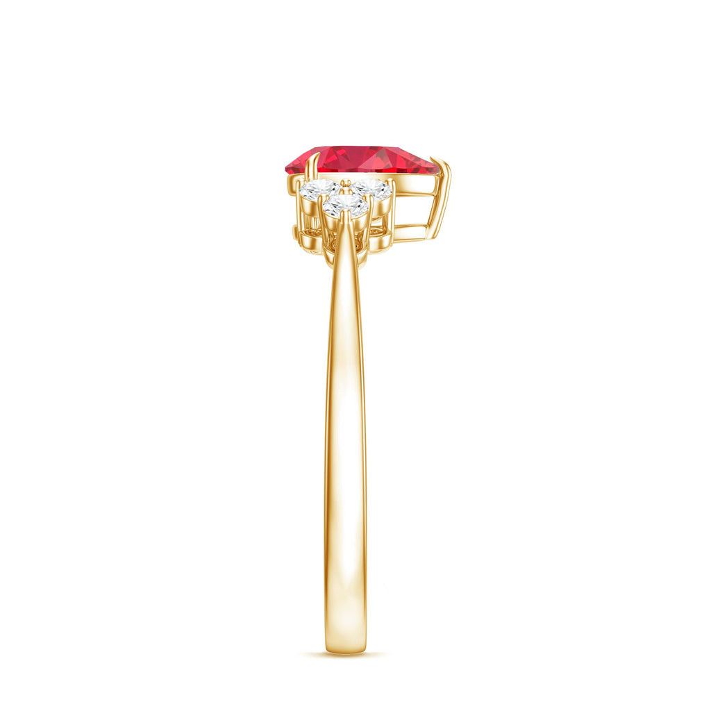Pear Shaped Lab Ruby Engagement Ring with Diamond Trio
