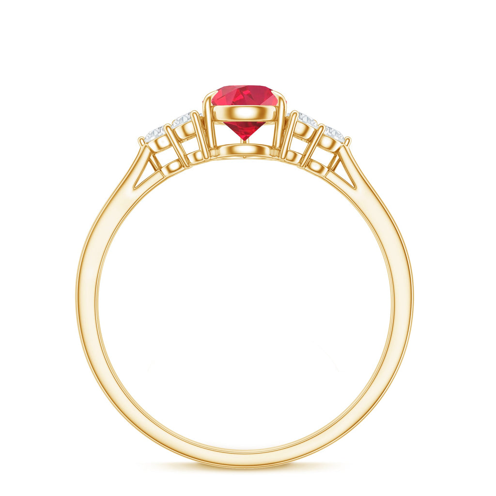 Pear Shaped Lab Ruby Engagement Ring with Diamond Trio