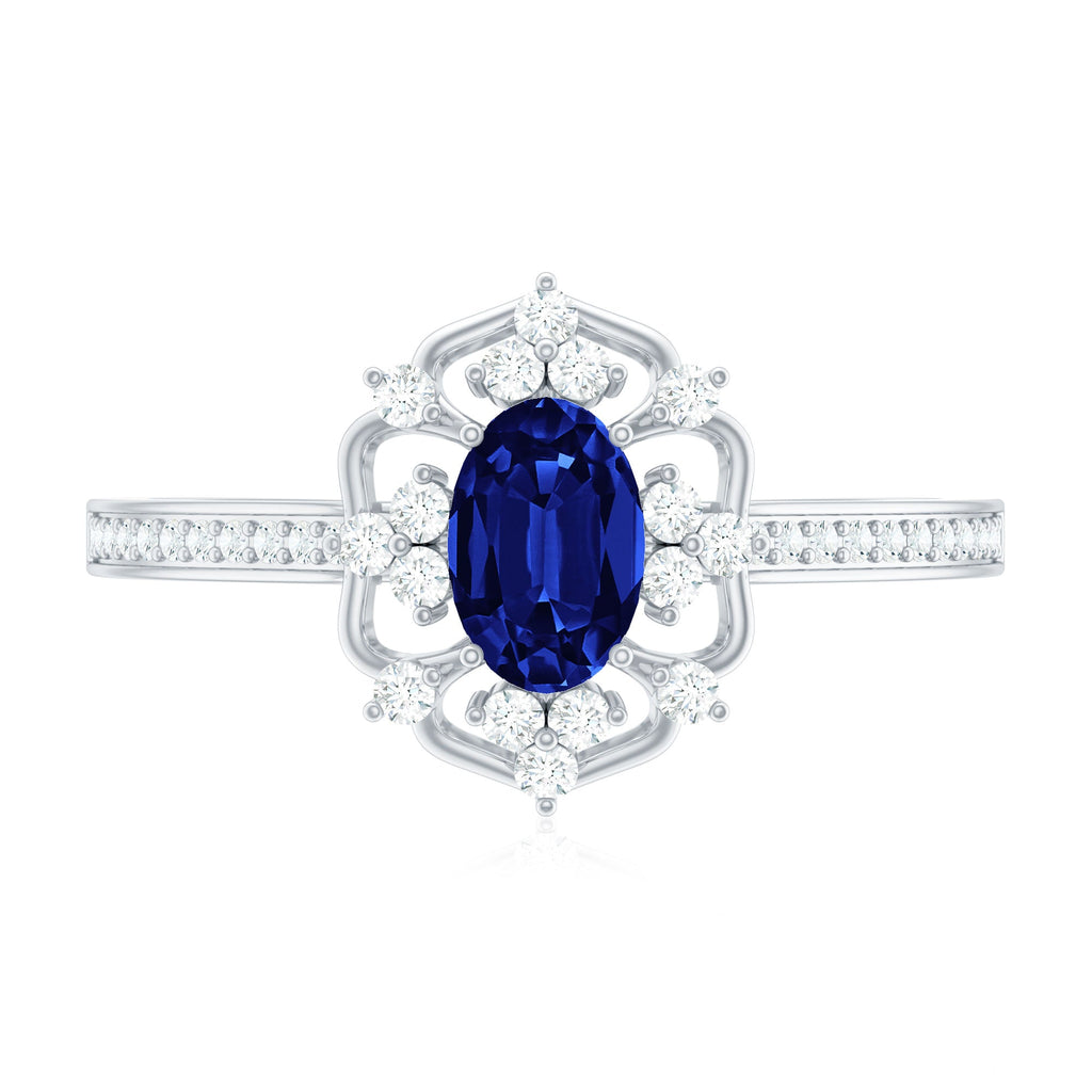 Vintage Style Created Blue Sapphire and Diamond Flower Engagement Ring
