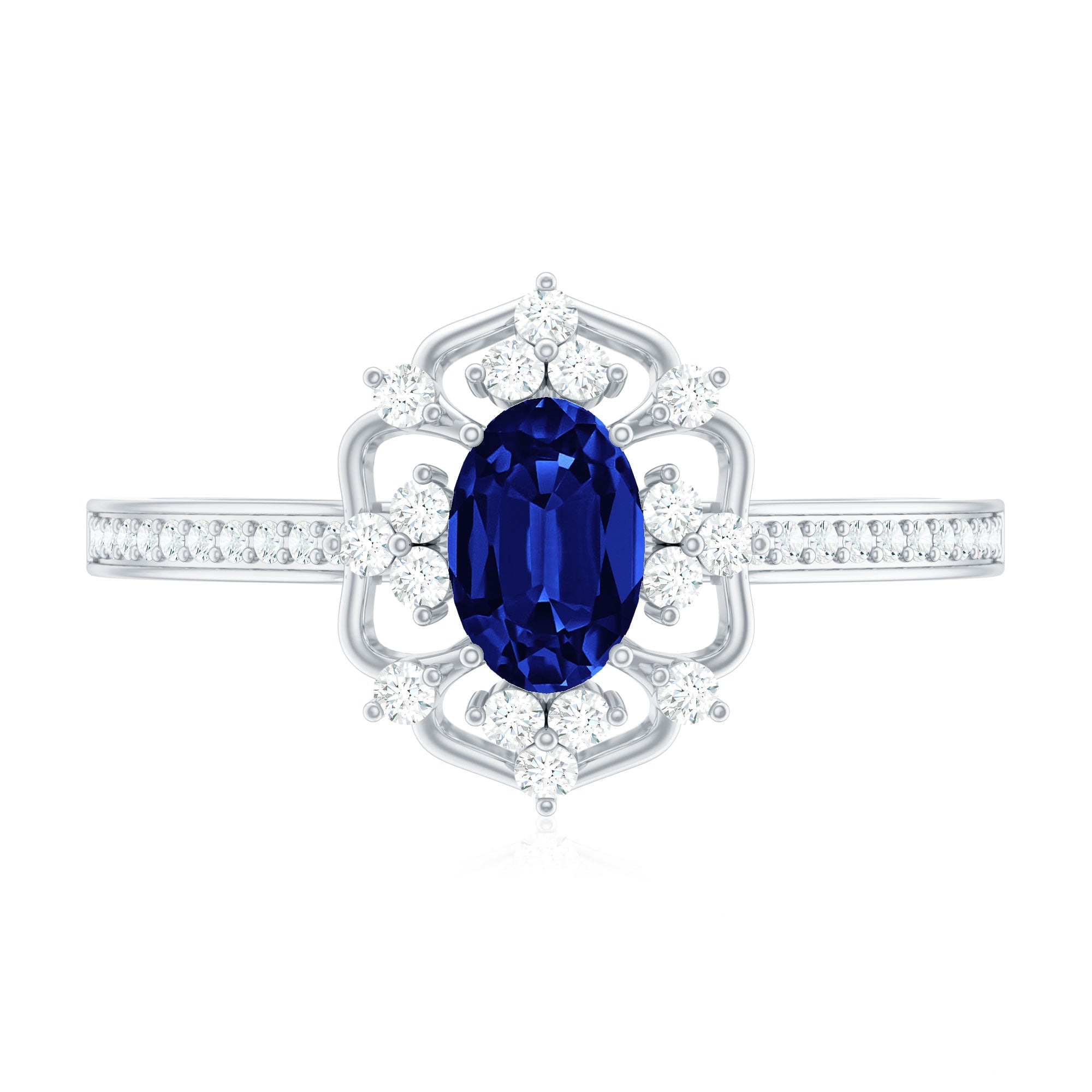 Vintage Style Created Blue Sapphire and Diamond Flower Engagement Ring