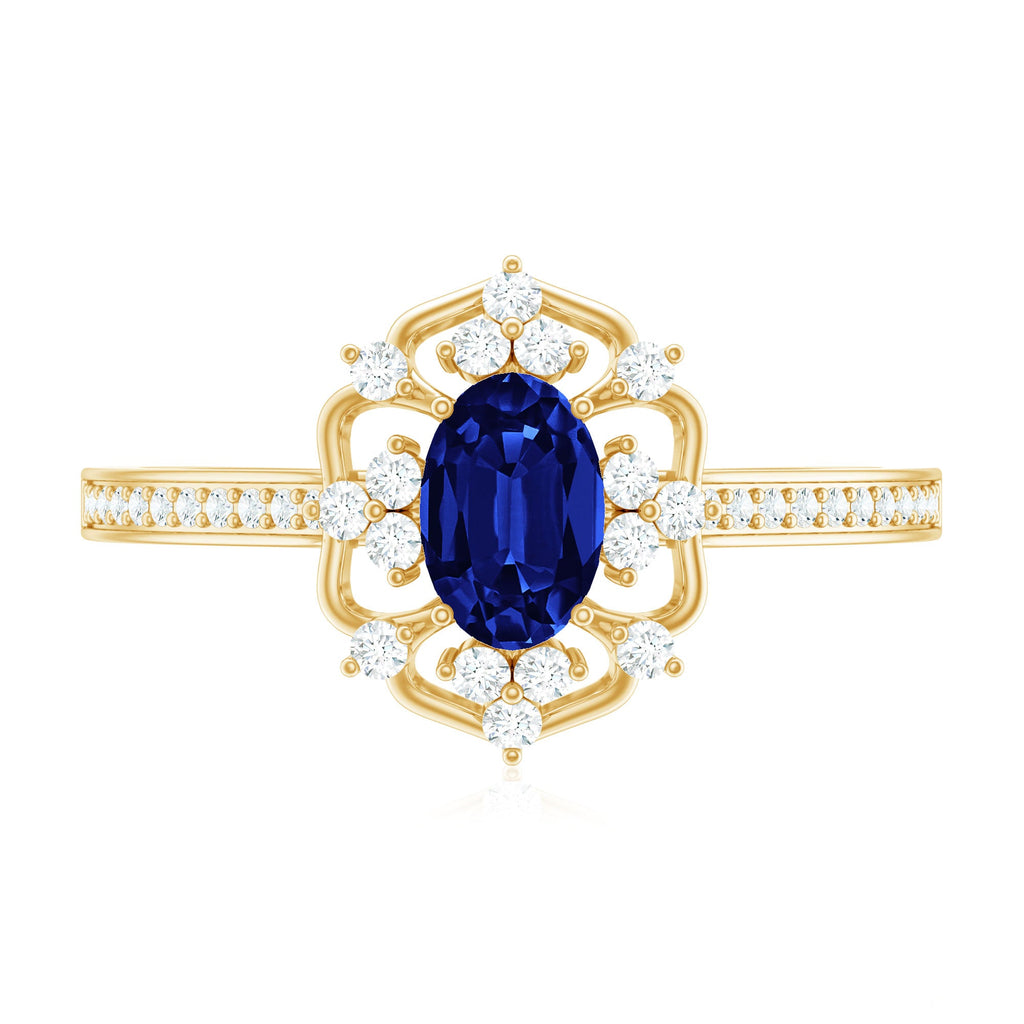 Vintage Style Created Blue Sapphire and Diamond Flower Engagement Ring