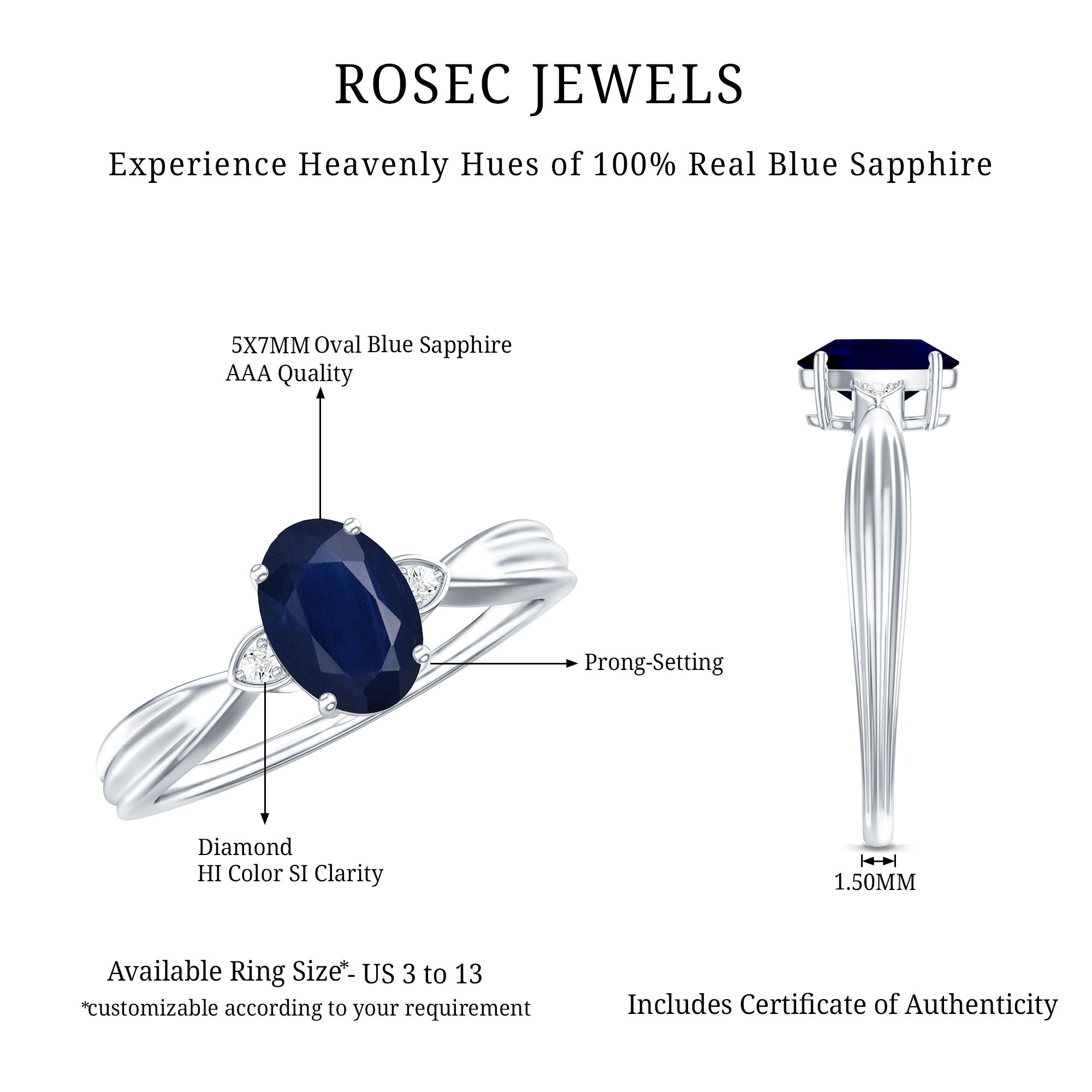 Oval Shape Real Blue Sapphire Solitaire Ring with Diamond