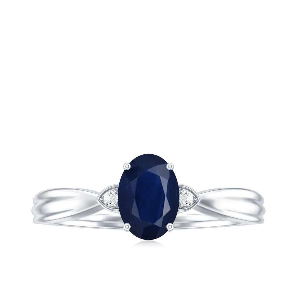 Oval Shape Real Blue Sapphire Solitaire Ring with Diamond