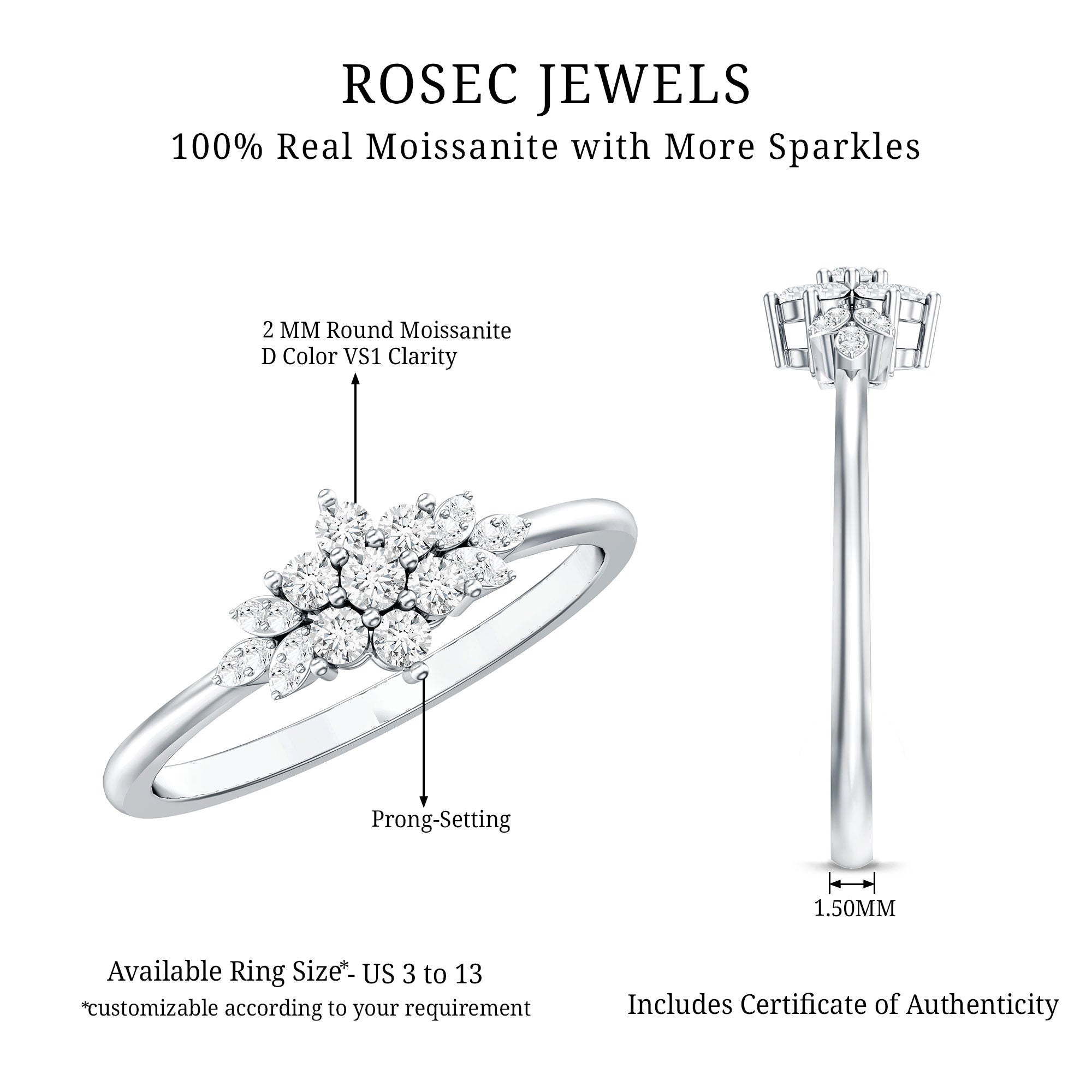 Certified Moissanite Flower Cluster Ring for Women