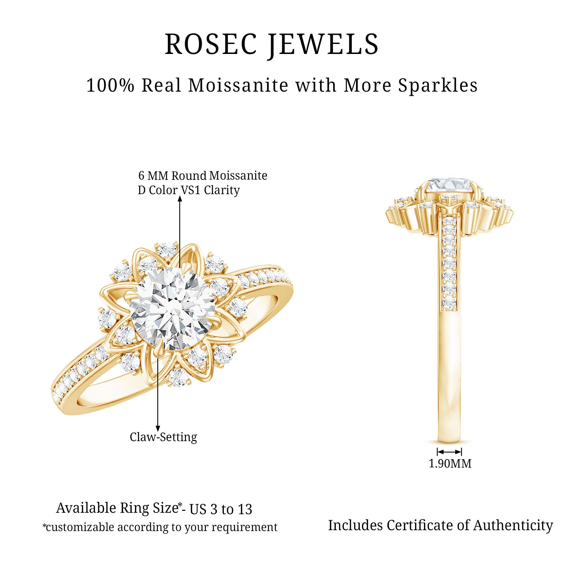 Round Certified Moissanite Flower Engagement Ring