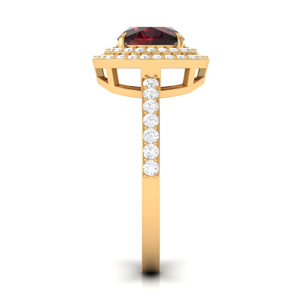 Natural 3.2 Carat Cushion Cut Garnet Diamond Double Halo Engagement Ring