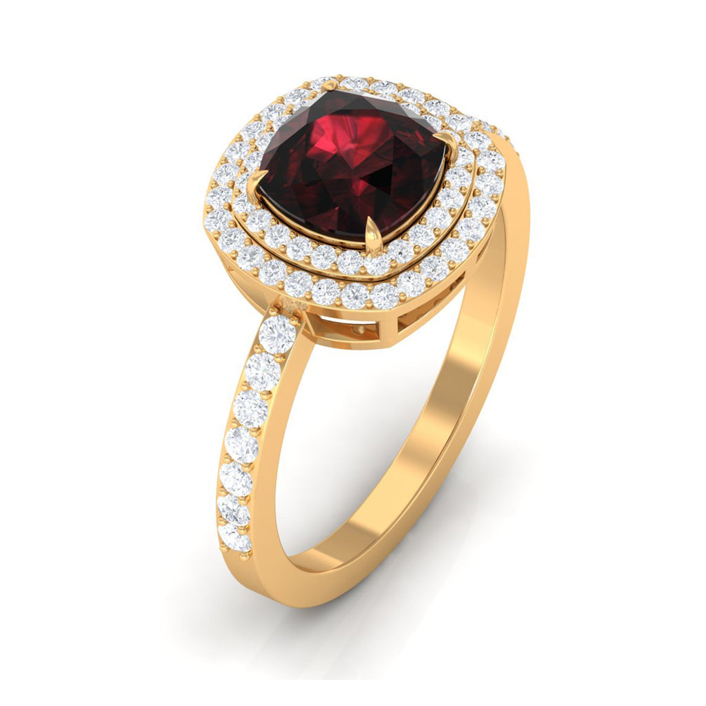 Natural 3.2 Carat Cushion Cut Garnet Diamond Double Halo Engagement Ring