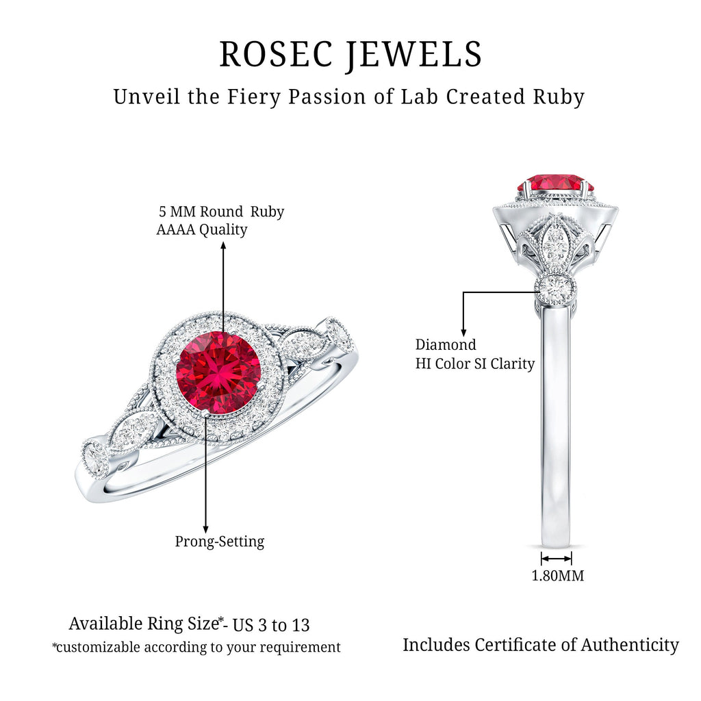 Antique Inspired Lab Created Ruby and Diamond Engagement Ring