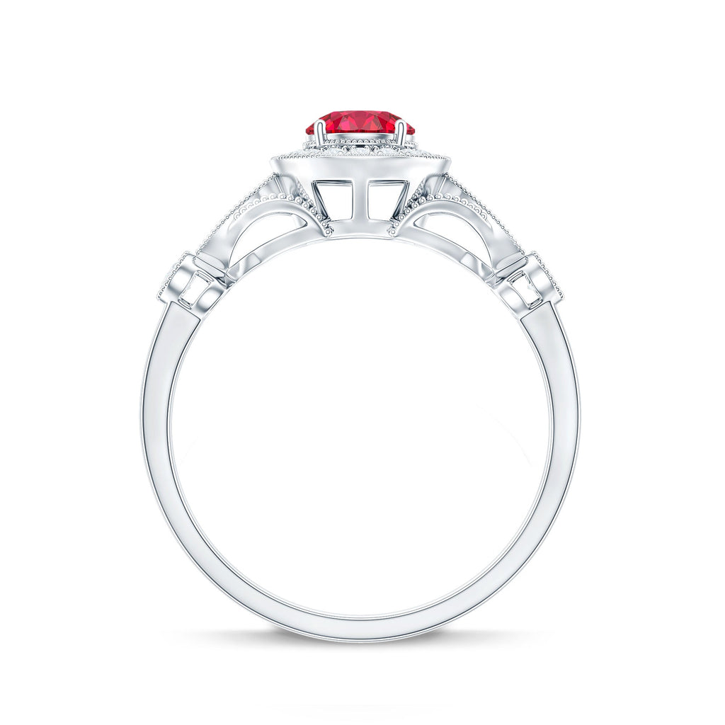 Antique Inspired Lab Created Ruby and Diamond Engagement Ring