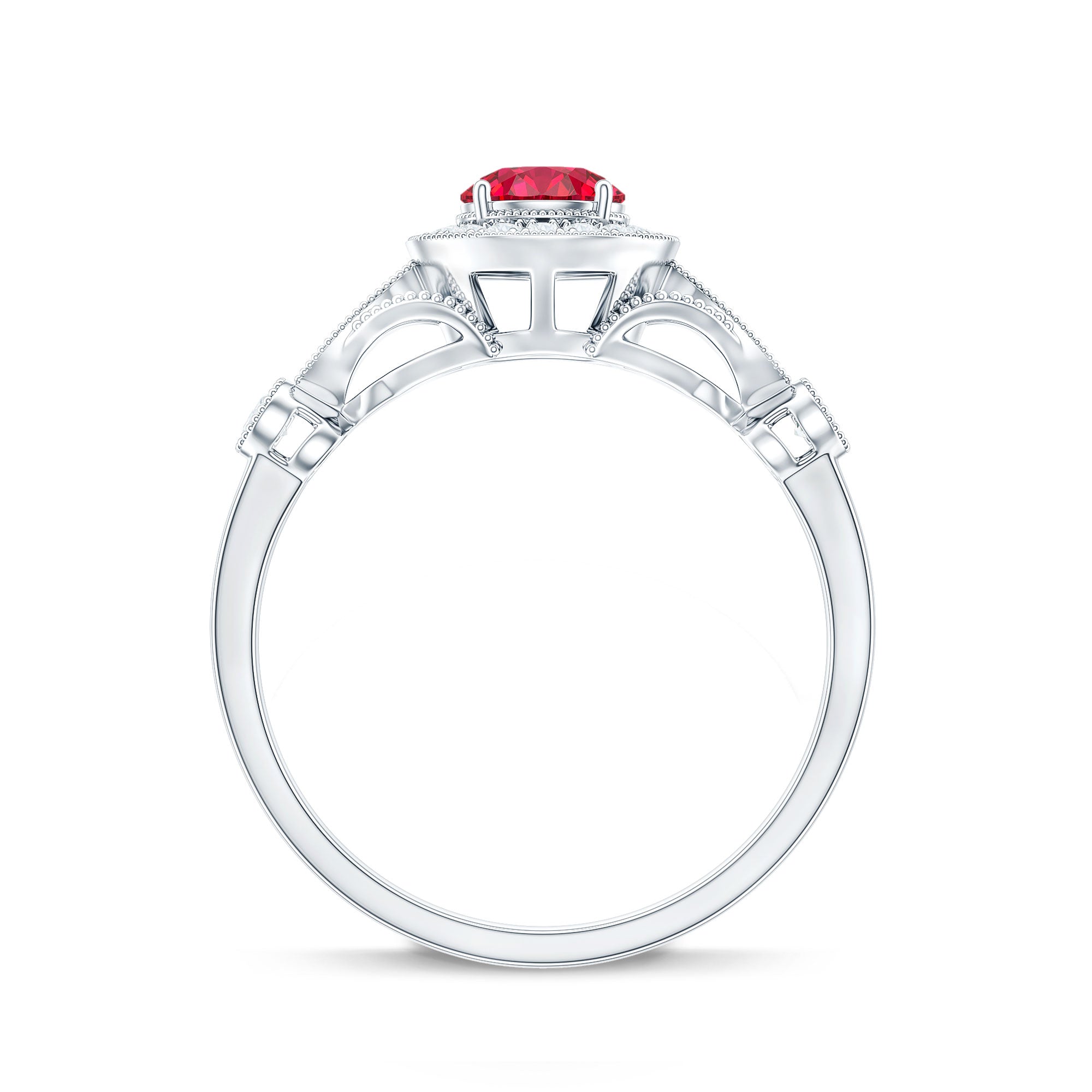 Antique Inspired Lab Created Ruby and Diamond Engagement Ring