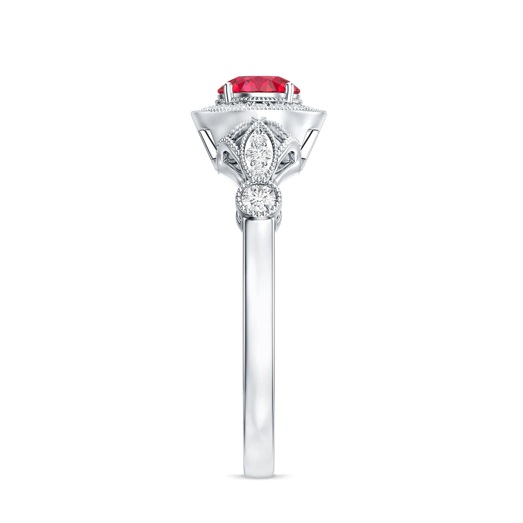 Antique Inspired Lab Created Ruby and Diamond Engagement Ring
