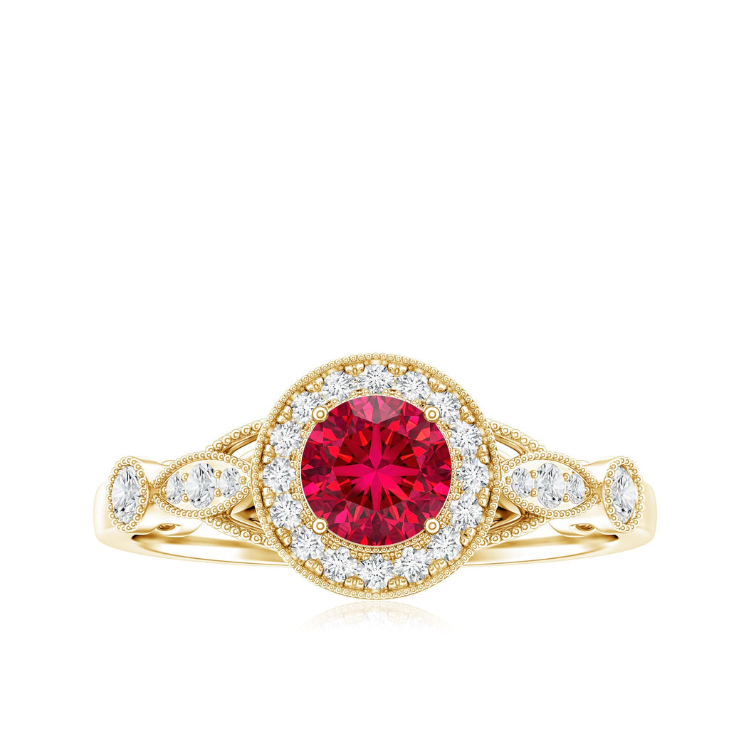 Antique Inspired Lab Created Ruby and Diamond Engagement Ring