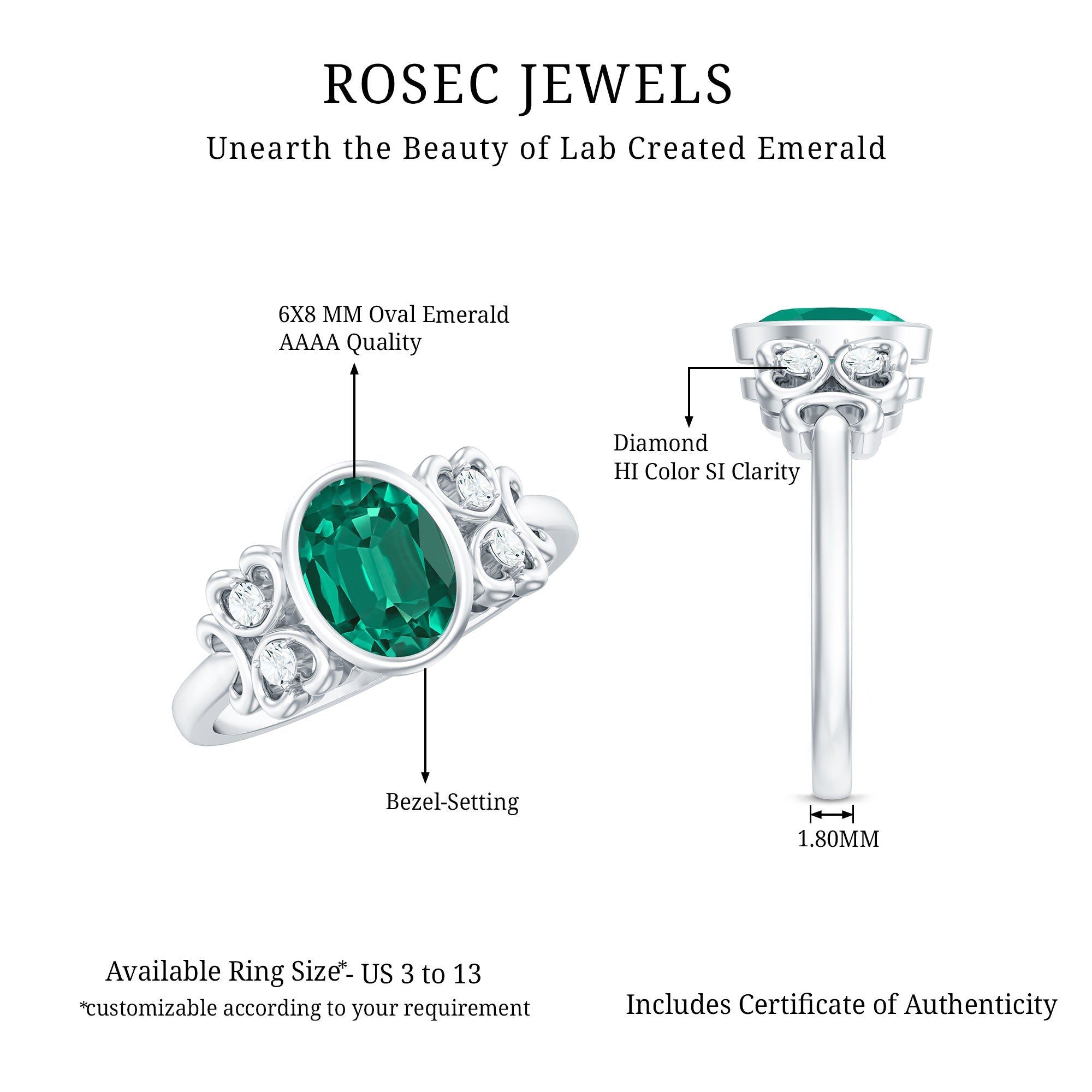 Certified Bezel Set Lab Grown Emerald Antique Looking Engagement Ring with Diamond