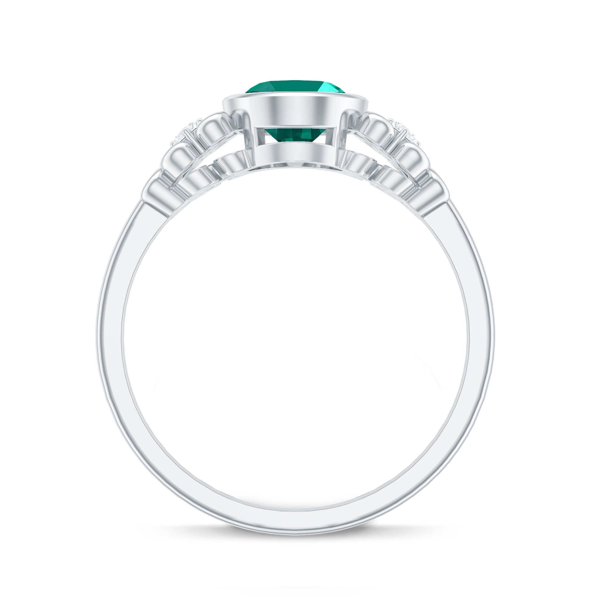 Certified Bezel Set Lab Grown Emerald Antique Looking Engagement Ring with Diamond