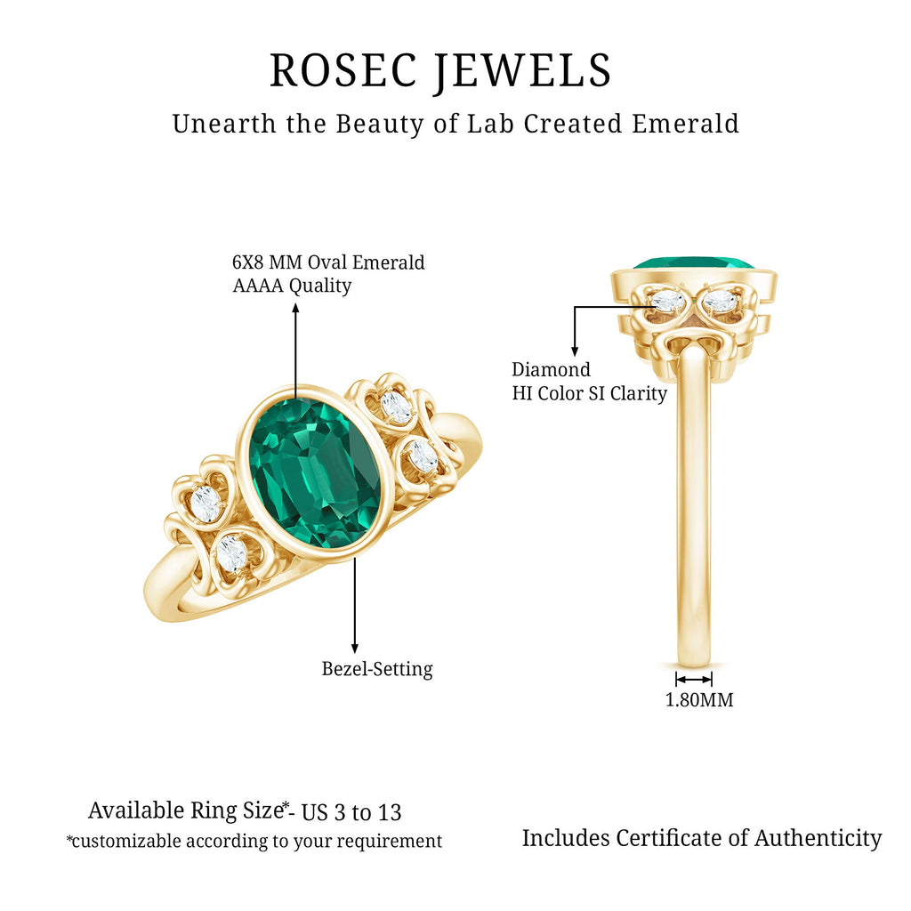Certified Bezel Set Lab Grown Emerald Antique Looking Engagement Ring with Diamond