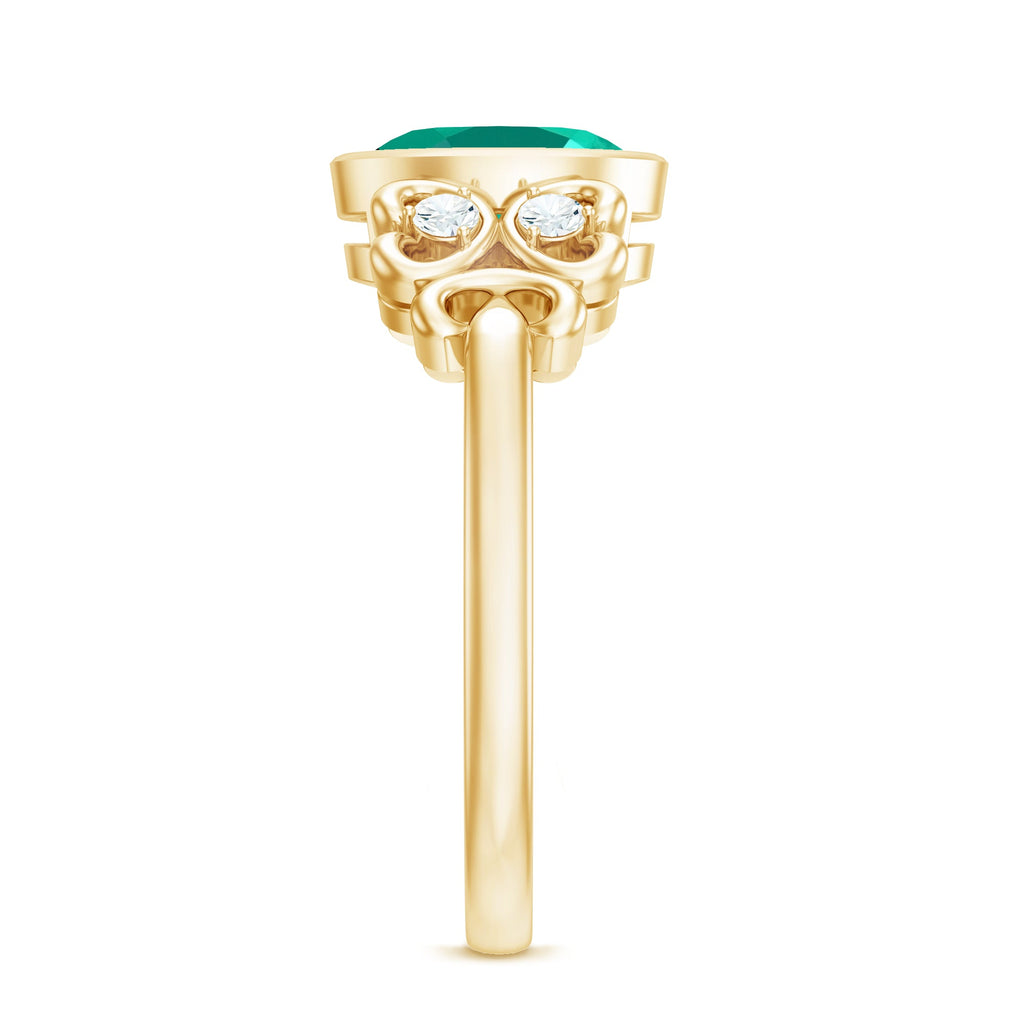 Certified Bezel Set Lab Grown Emerald Antique Looking Engagement Ring with Diamond
