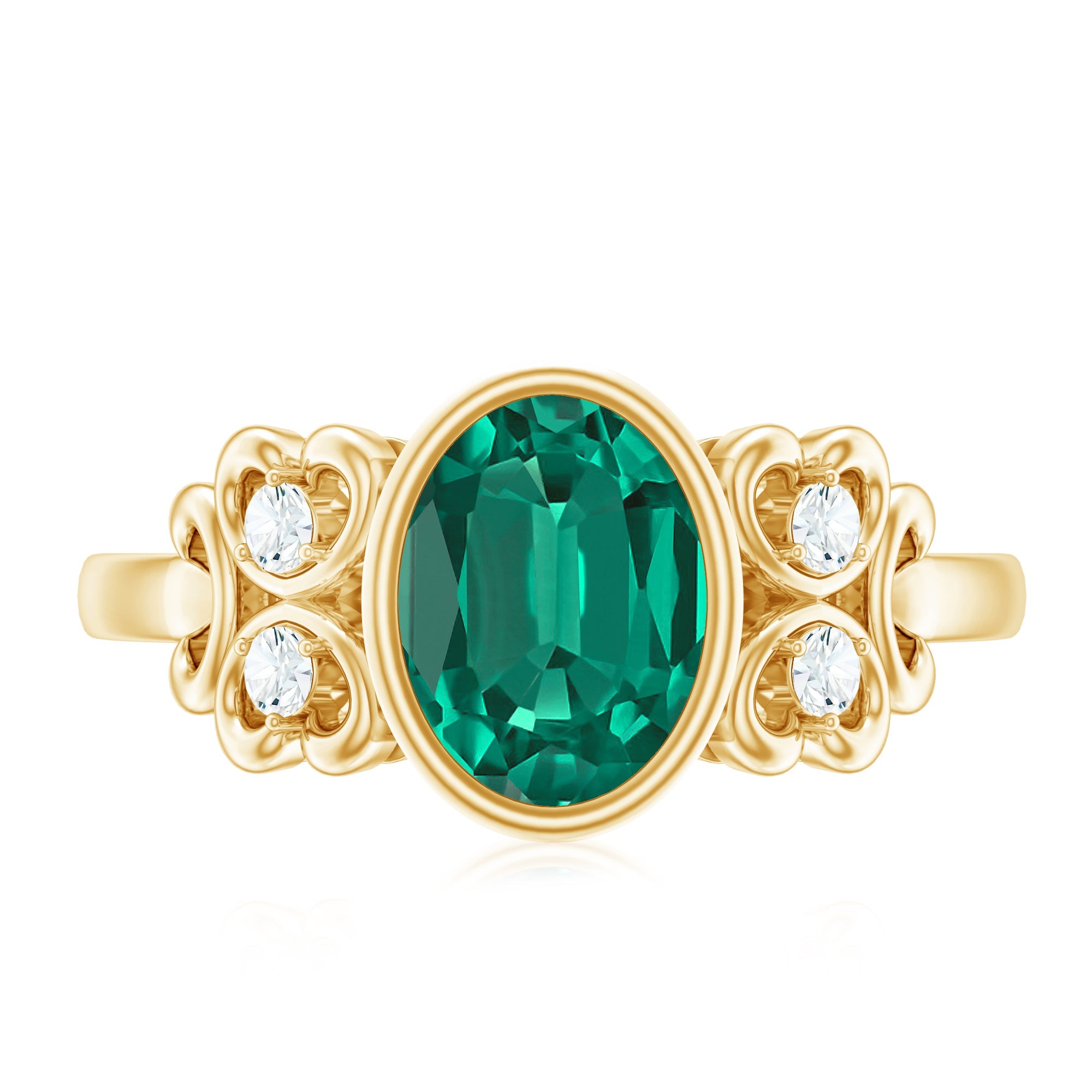 Certified Bezel Set Lab Grown Emerald Antique Looking Engagement Ring with Diamond
